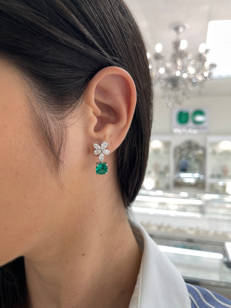 5.45tcw 14K Gold Cushion Cut Emerald & Diamond Floral Dangle Earrings - AAA+ Lab Created Gemstones for Women, Wedding, Anniversary & Special Occasion Jewelry Gift