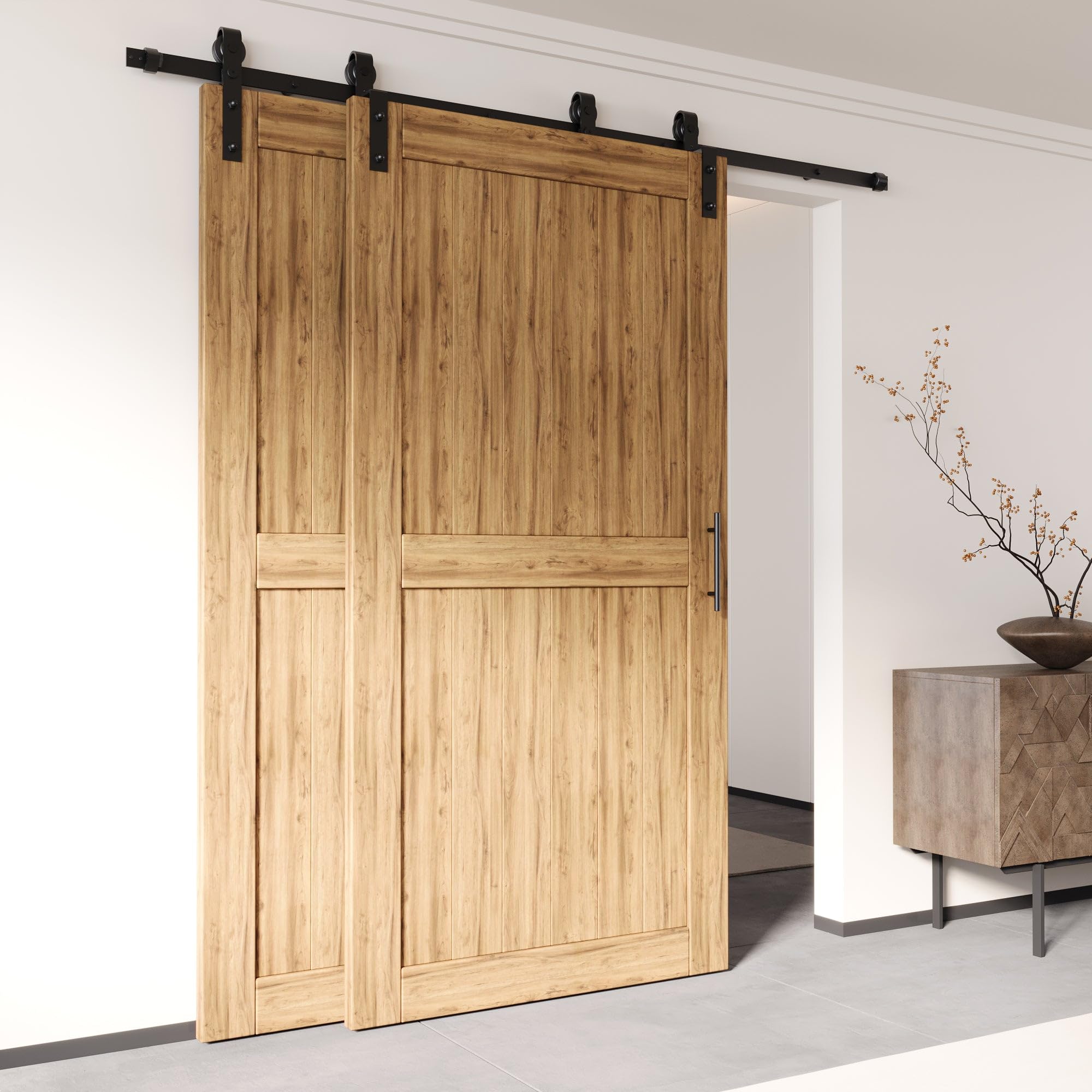 Homacer Black Rustic Single Track Bypass Sliding Barn Door Hardware Kit - 6.6ft Flat Track for Double Doors with Classic Rollers | Perfect for Farmhouse, Loft & Industrial Style Home Decor
