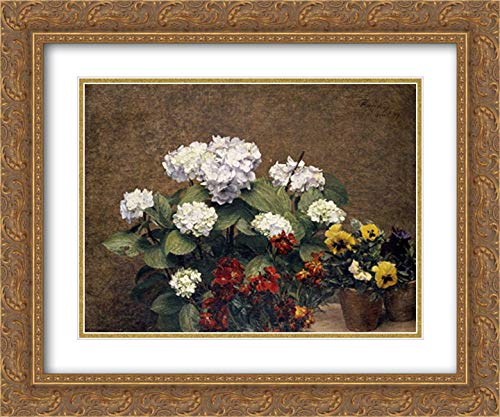 Henri Fantin-Latour Hydrangeas Wallflowers & Pansies Art Print - 18x15 Gold Ornate Framed Double Matted Museum Quality - Perfect for Living Room Decor, Office Wall Art & Gift for Art Lovers