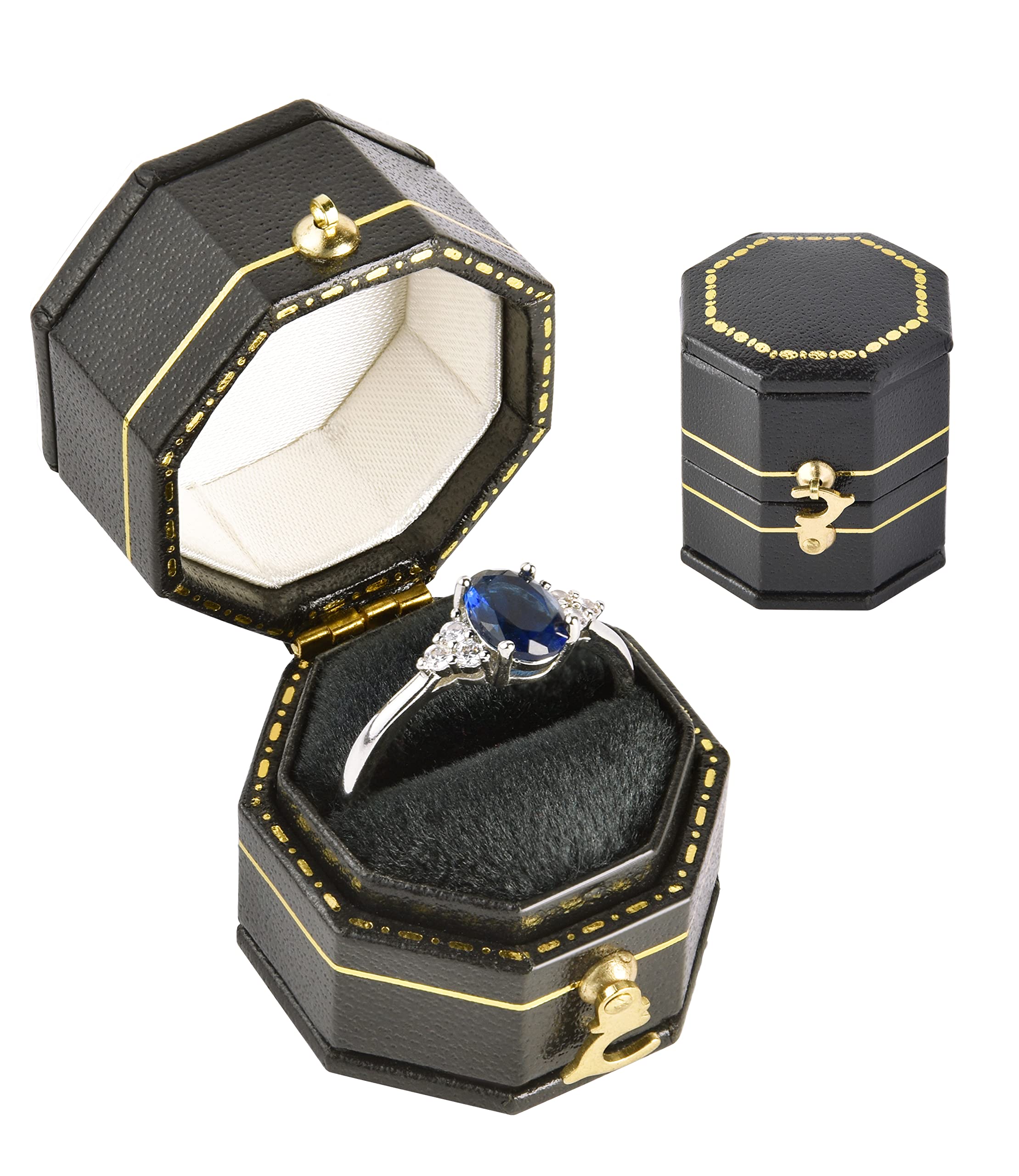 Vintage Victorian Style Handcrafted Antique Ring Box - Octagonal Mini Jewelry Keepsake Box for Engagement Rings, Wedding Bands & Small Treasures (Black, Pocket Size) - Perfect for Proposals, Anniversary Gifts & Jewelry Storage