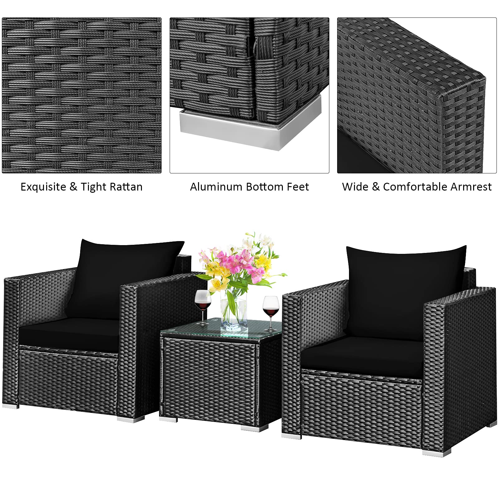 Tangkula 3-Piece Outdoor Patio Furniture Set with Washable Cushions & Tempered Glass Table - PE Wicker Rattan Sofa Set for Garden, Poolside, Balcony - Perfect for Backyard Relaxation and Outdoor Entertaining