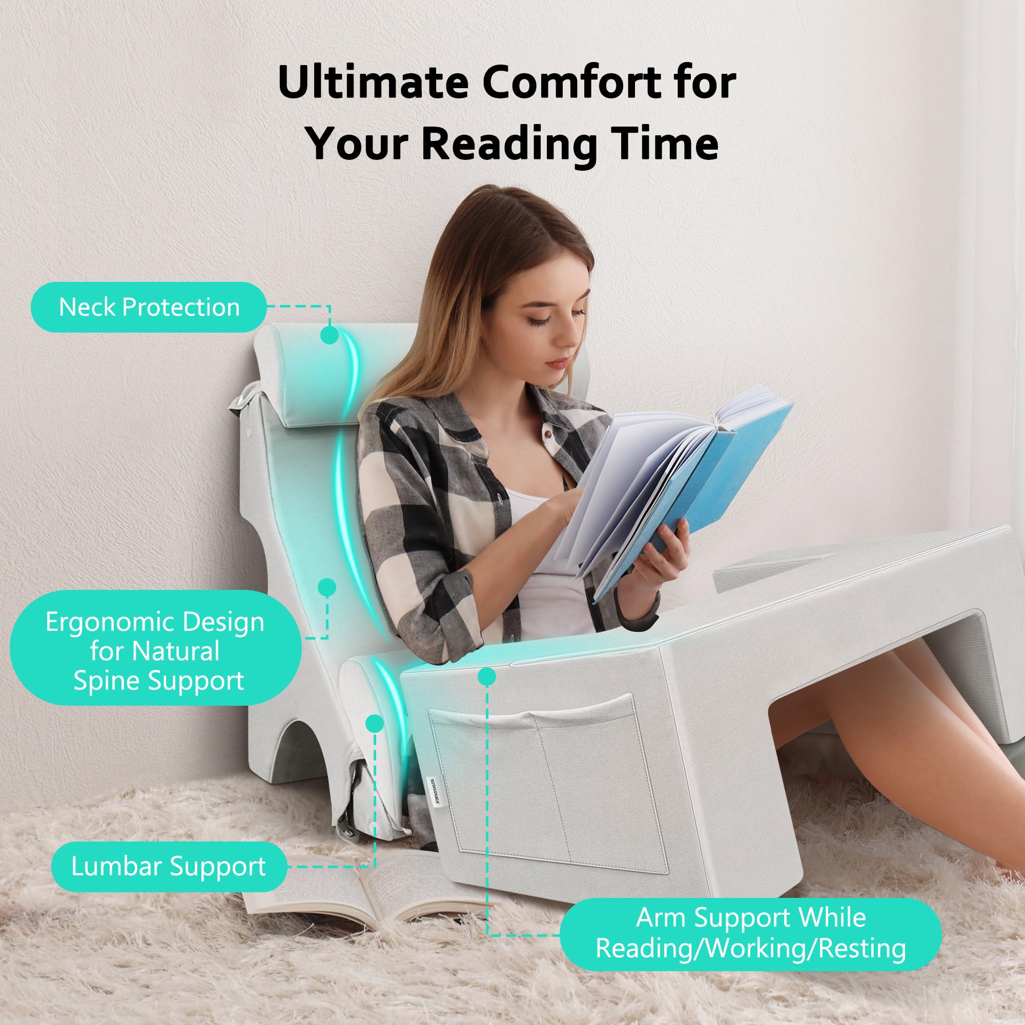 Adjustable Reading Pillow for Adults - 4PCS Bed Chair Pillow with Pockets for Reading, Gaming, Watching TV & Relaxing in Bed, Couch or Floor - 16