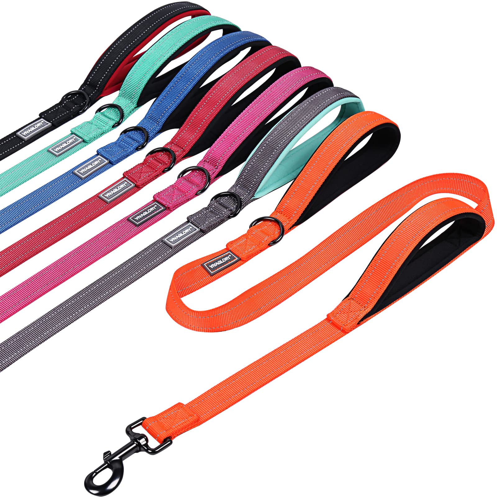 VIVAGLORY Heavy Duty Reflective Dog Leash with Dual Padded Handles - Strong Metal Hook Training Lead for Large Dogs - Orange - Perfect for Walking, Running & Nighttime Safety