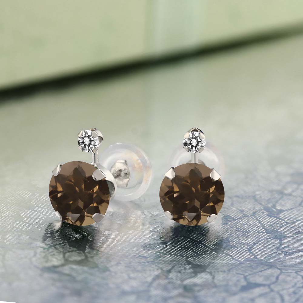 1.67 Ct Round Brown Smoky Quartz & White Diamond 14K White Gold Earrings for Women | Gem Stone King | Elegant Jewelry for Weddings, Parties & Special Occasions