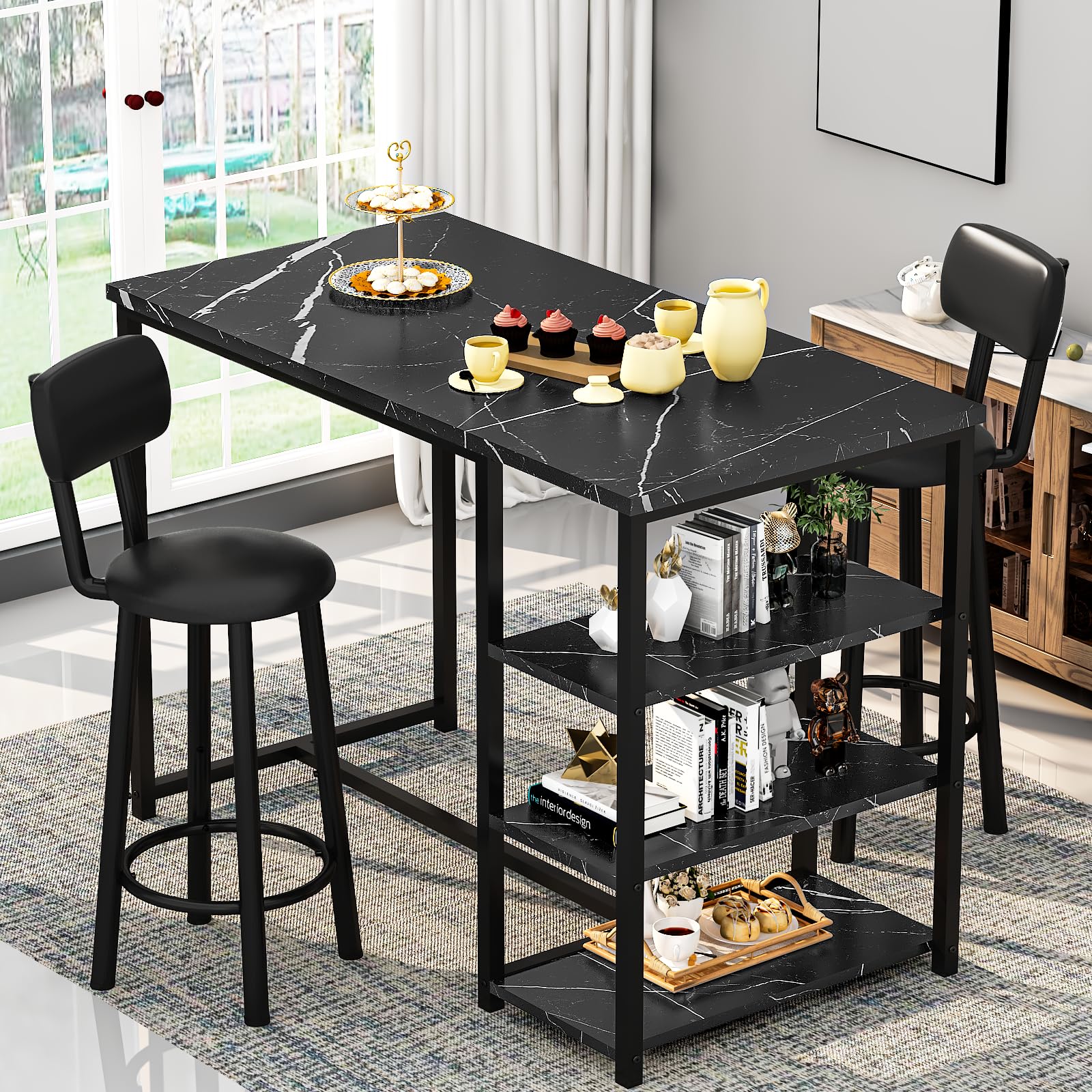 2-Piece Counter Height Pub Table Set with 2 PU Leather Bar Stools & 3 Storage Shelves - Small Space Dining Solution for Kitchen, Bar or Apartment | Perfect for Entertaining, Breakfast Nook & Compact Living Spaces