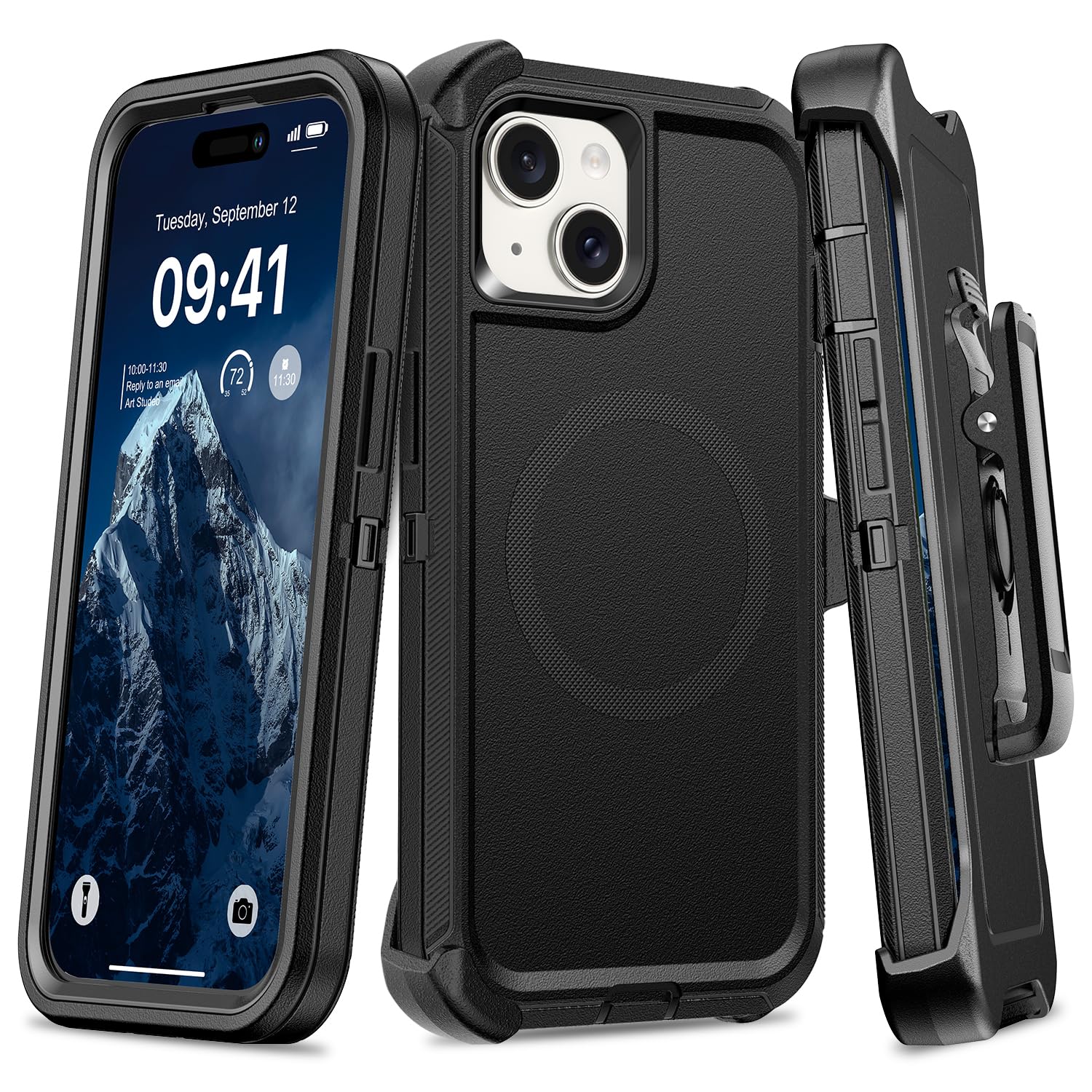 Heavy Duty Magnetic Phone Case with Belt Clip Holster - Shockproof Protective Cover for iPhone 13/14/15 (6.1 Inch) - Dark Black | Perfect for Outdoor Activities, Construction Work & Active Lifestyles