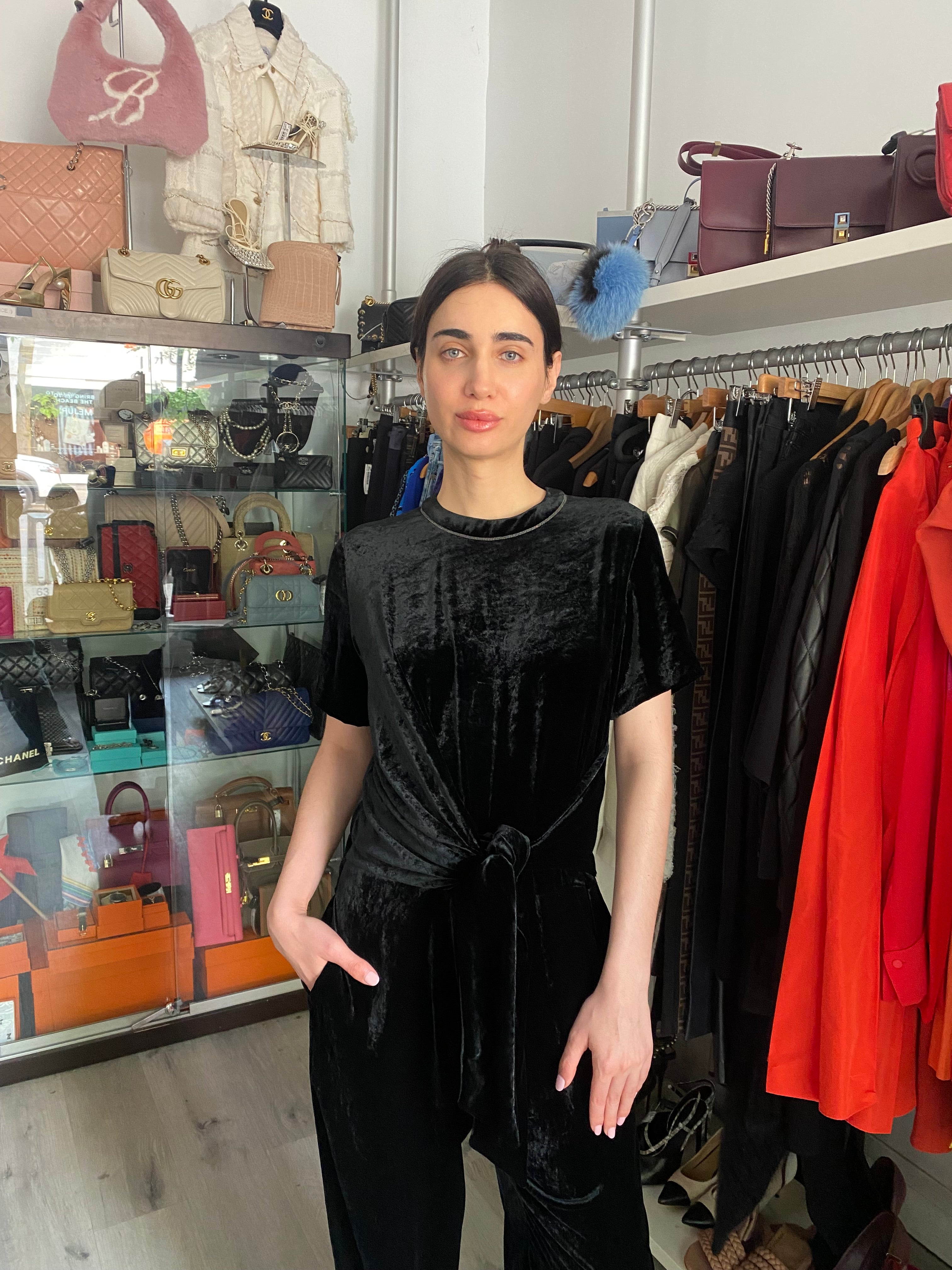 Brunello Cucinelli Black Velvet Monili Jumpsuit for Women Size M | Elegant Evening Wear for Parties & Special Occasions