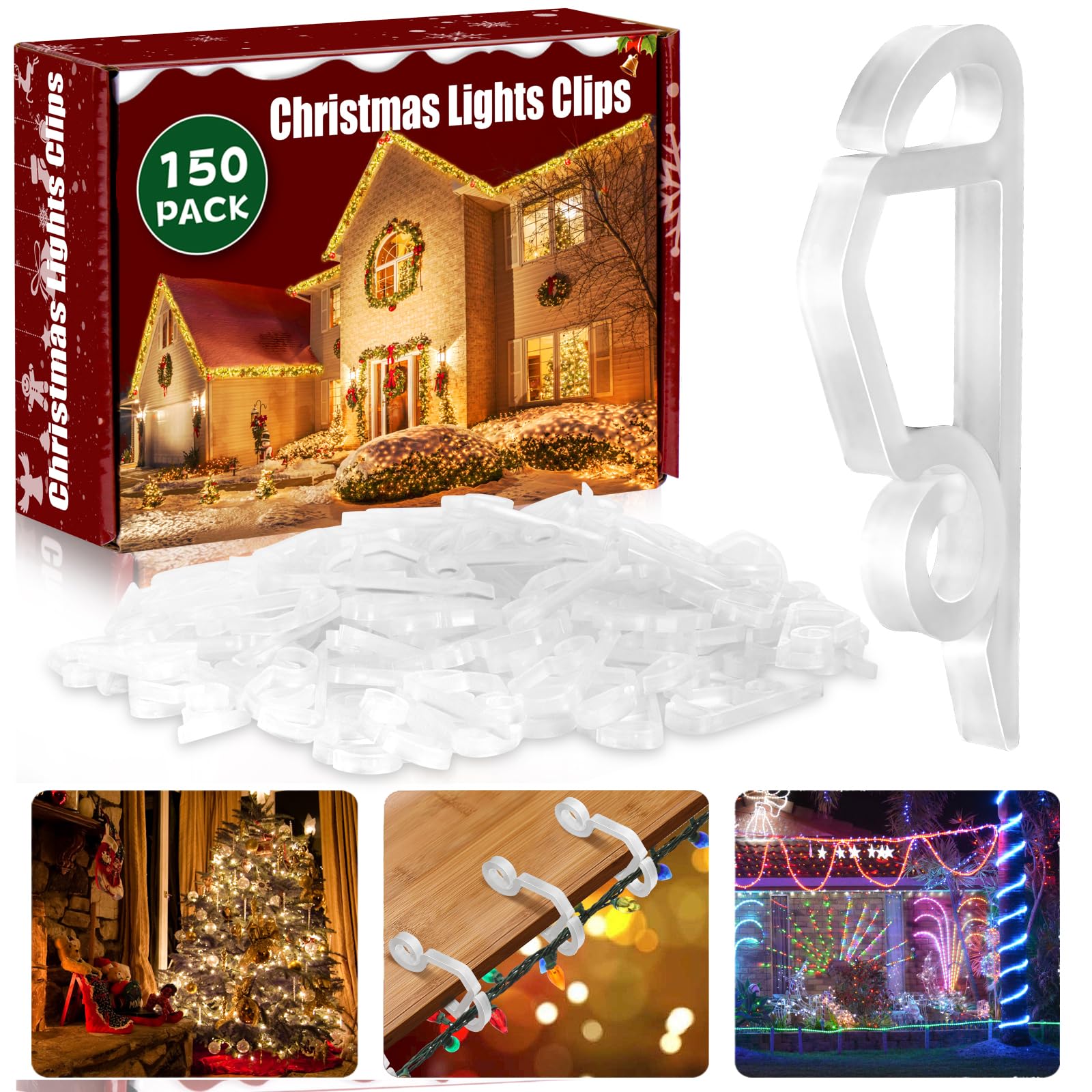 Dreamtop 150PCS Heavy Duty Weatherproof Plastic Gutter Hooks for Christmas Lights - Outdoor Holiday Light Clips for Roof, Eaves & Shingles - White Hanging Hooks for Year-Round Decorations (Patio, Garden, Porch)