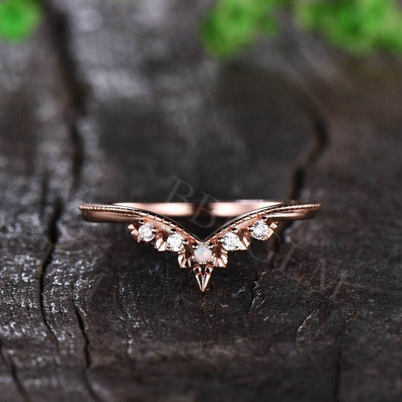 Elegant Curved Moissanite Opal Wedding Band in Rose Gold - Matching Bridal Ring Set for Engagement, Anniversary & Special Occasions
