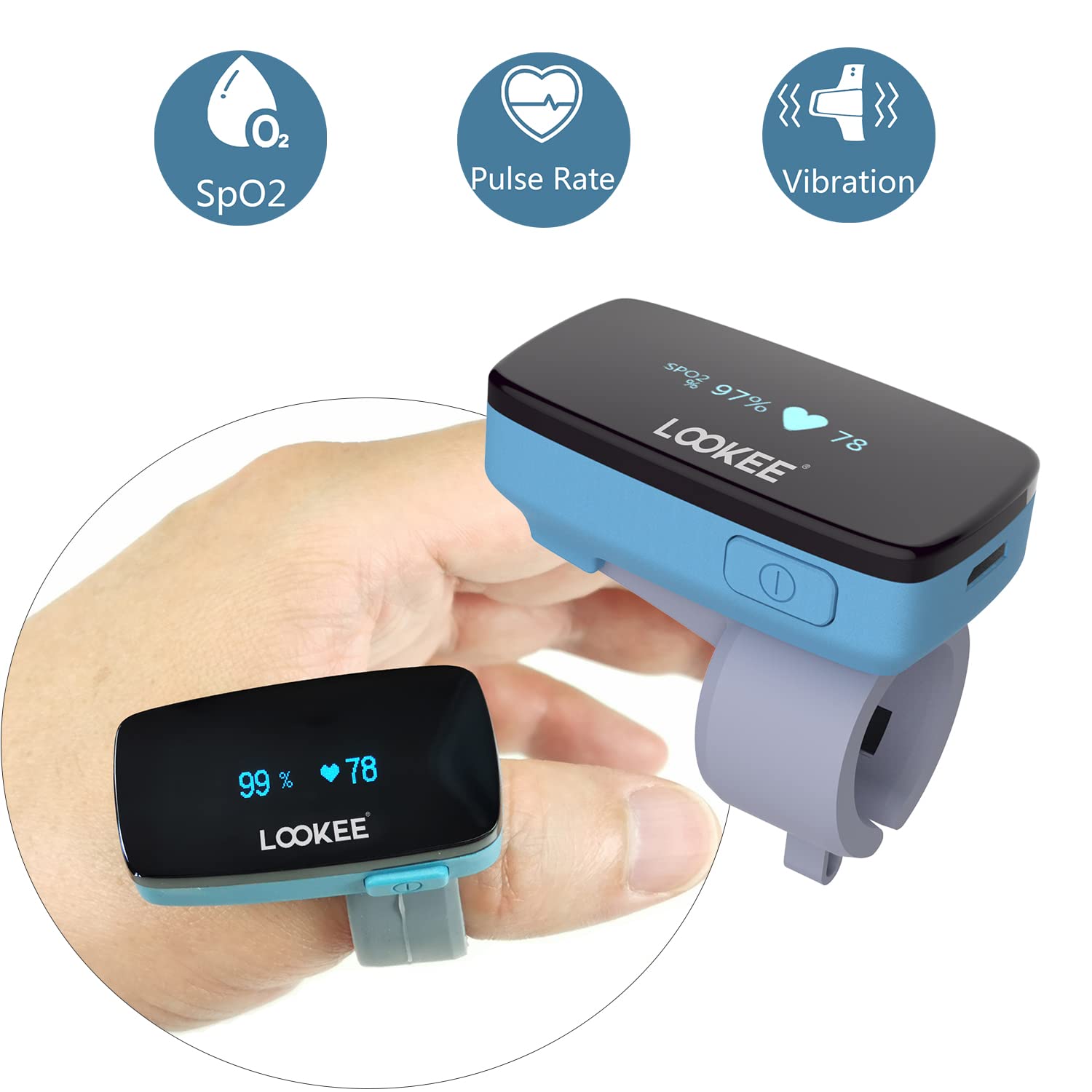 LOOKEE Ring-Pro Wearable Oxygen Monitor with Vibration Alerts - Rechargeable Finger Pulse Oximeter for SpO2 & Heart Rate Tracking - Free APP & PC Reports - Ideal for Athletes, Pilots & High Altitude Travelers
