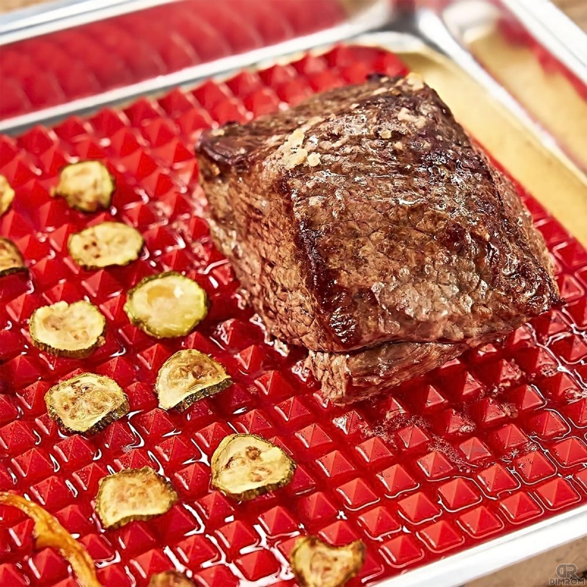 Non-Stick Silicone Baking Mat 16x11.5 Inches - Food Grade Oven & Microwave Safe Cooking Mat with Red Pyramid Design for Roasting, BBQ, Pastry Making - Fat Filtering, Flexible & Easy to Clean - Perfect for Baking Cookies, Roasting Vegetables & Cooking Bacon