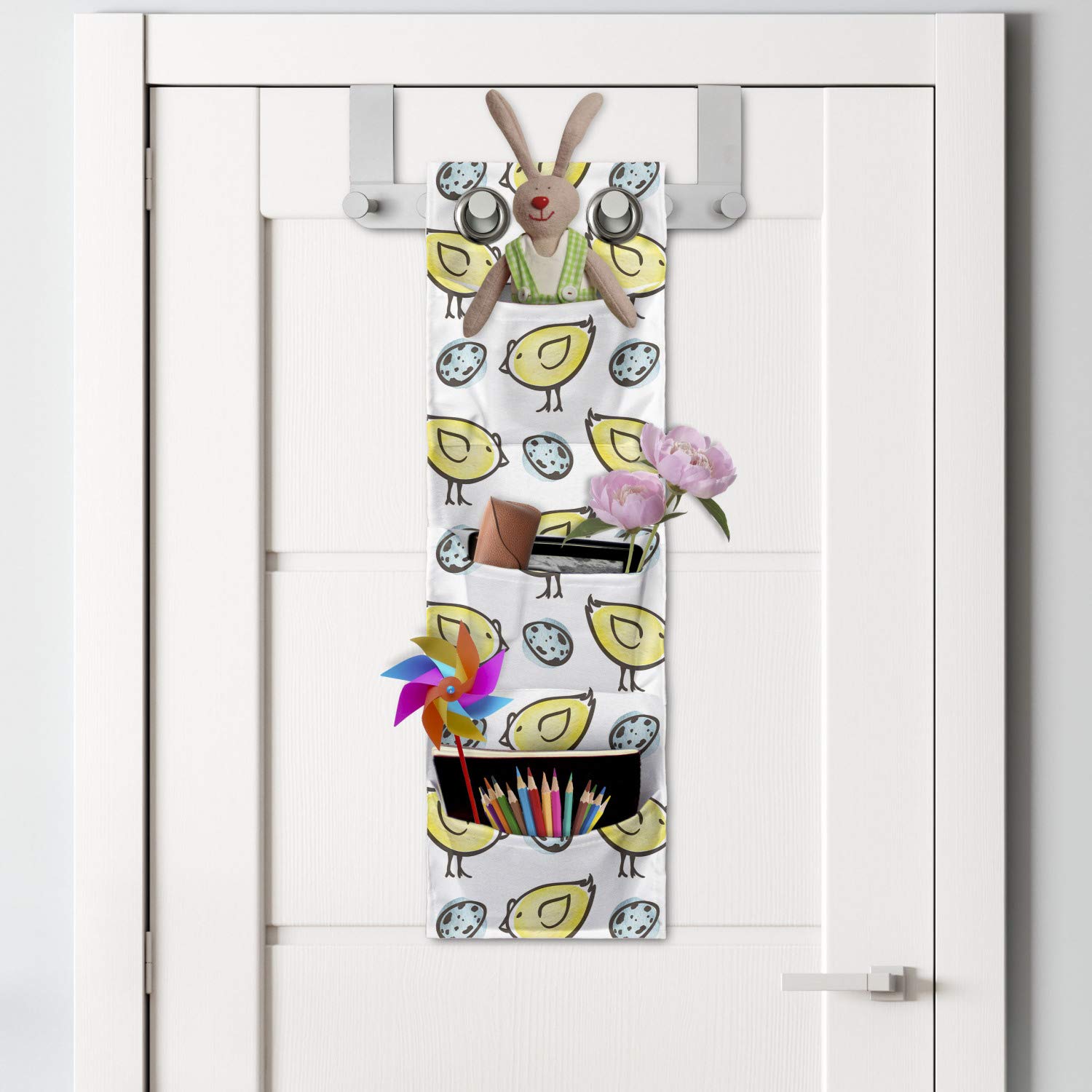 Ambesonne Yellow Bird Hanging Organizer - Pastel Doodle Storage Bag for Nursery & Bathroom