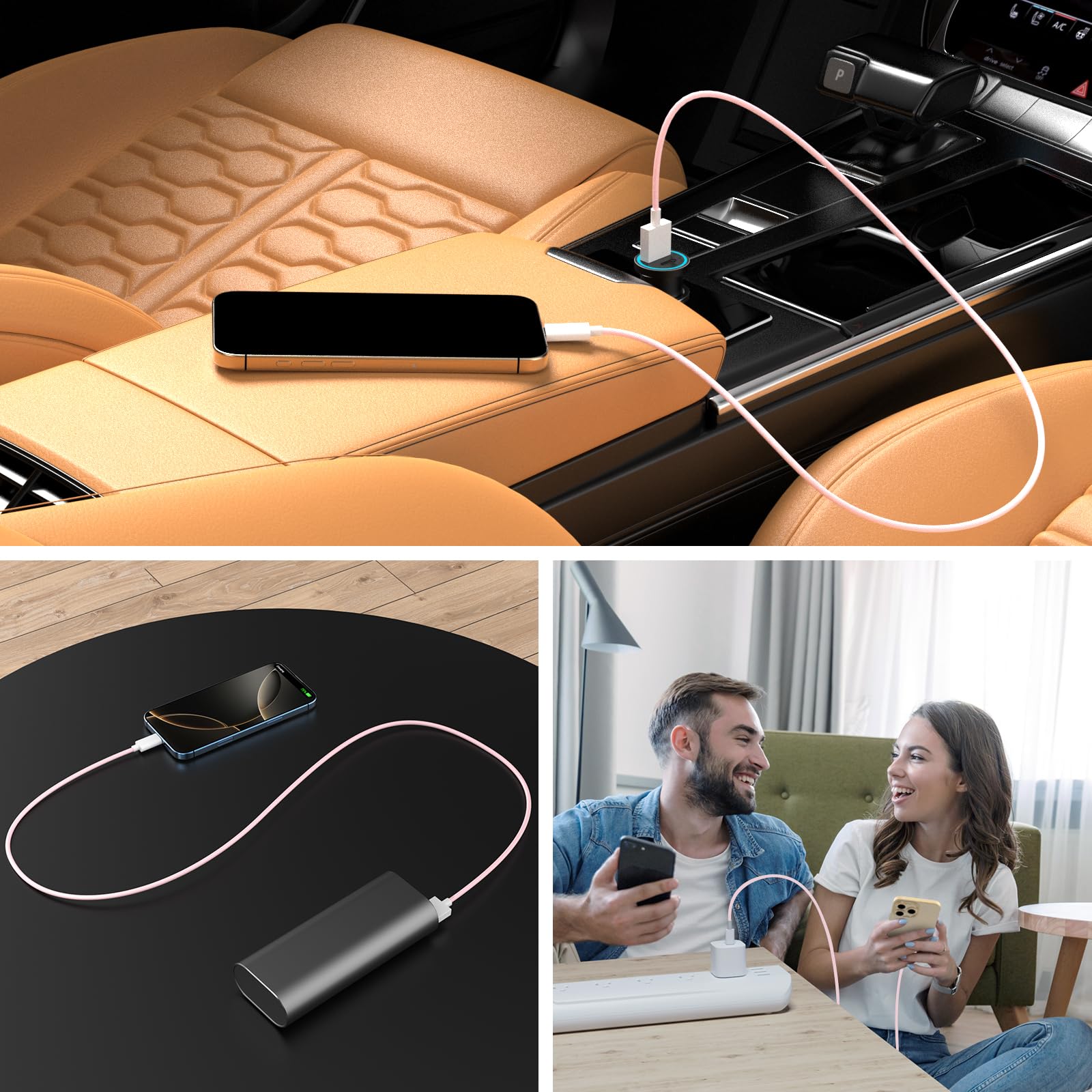 3-Pack 60W USB A to USB C Woven Fast Charging Cable - Compatible with iPhone 16 Pro Max/16/16 Plus/16 Pro/15/15 Plus/15 Pro/15 Pro Max - 6FT Pink CarPlay Charging Cord for Car, Home & Office Use