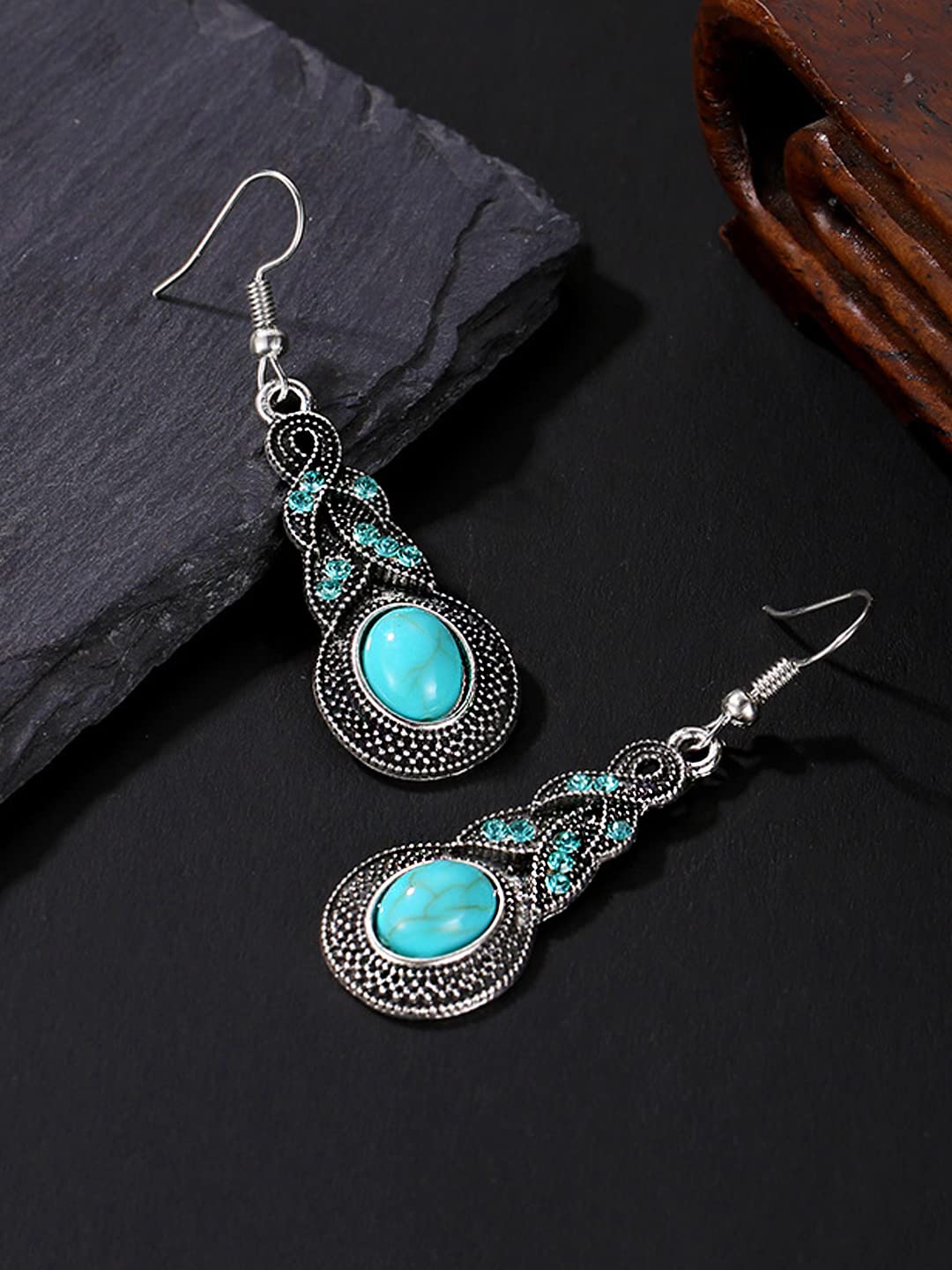 Bohemian Style Blue Stone Silver Oxidized Drop Earrings for Women | German Silver Round Dangle Earrings | Birthday Anniversary Gift for Wife, Girlfriend, Daughter | Elegant Jewelry for Party, Wedding, Date Night