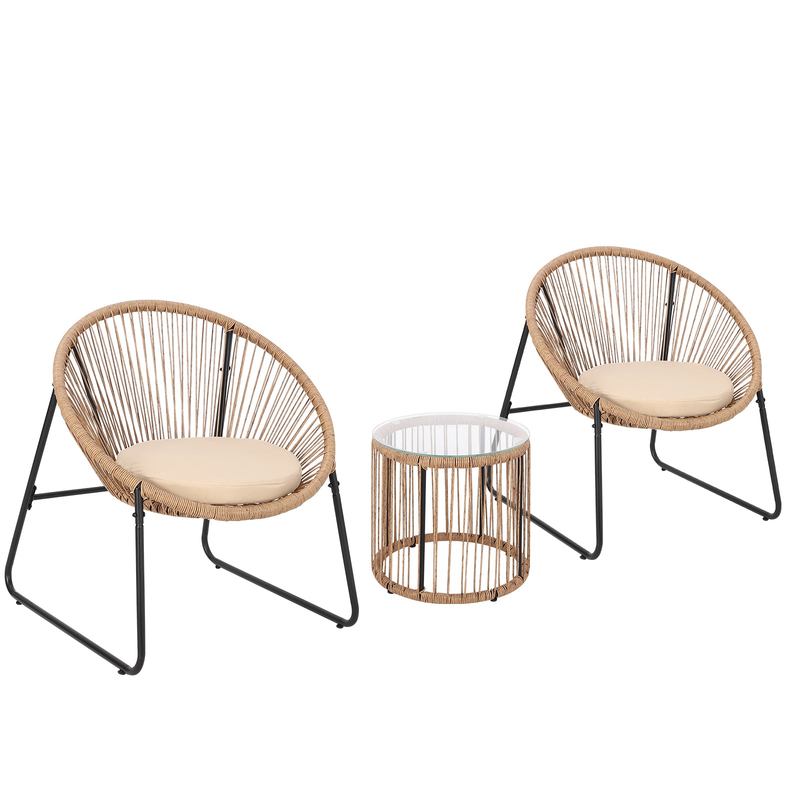 GARVEE 3-Piece Acapulco Patio Furniture Set - All-Weather Woven Plastic Rope Chairs with Cushions & Glass Top Table - Modern Outdoor Bistro Conversation Set in Brown - Perfect for Backyard, Garden, Poolside or Balcony Relaxation