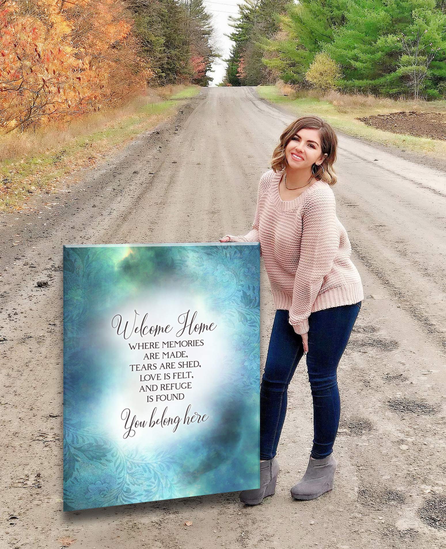 Rustic Welcome Home Wall Sign - 30x40 Inches Blue Wooden Art Decor with Inspirational Quotes | Farmhouse Style Home Sign for Living Room, Bedroom, Entryway | Perfect Housewarming Gift & Cozy Wall Decoration