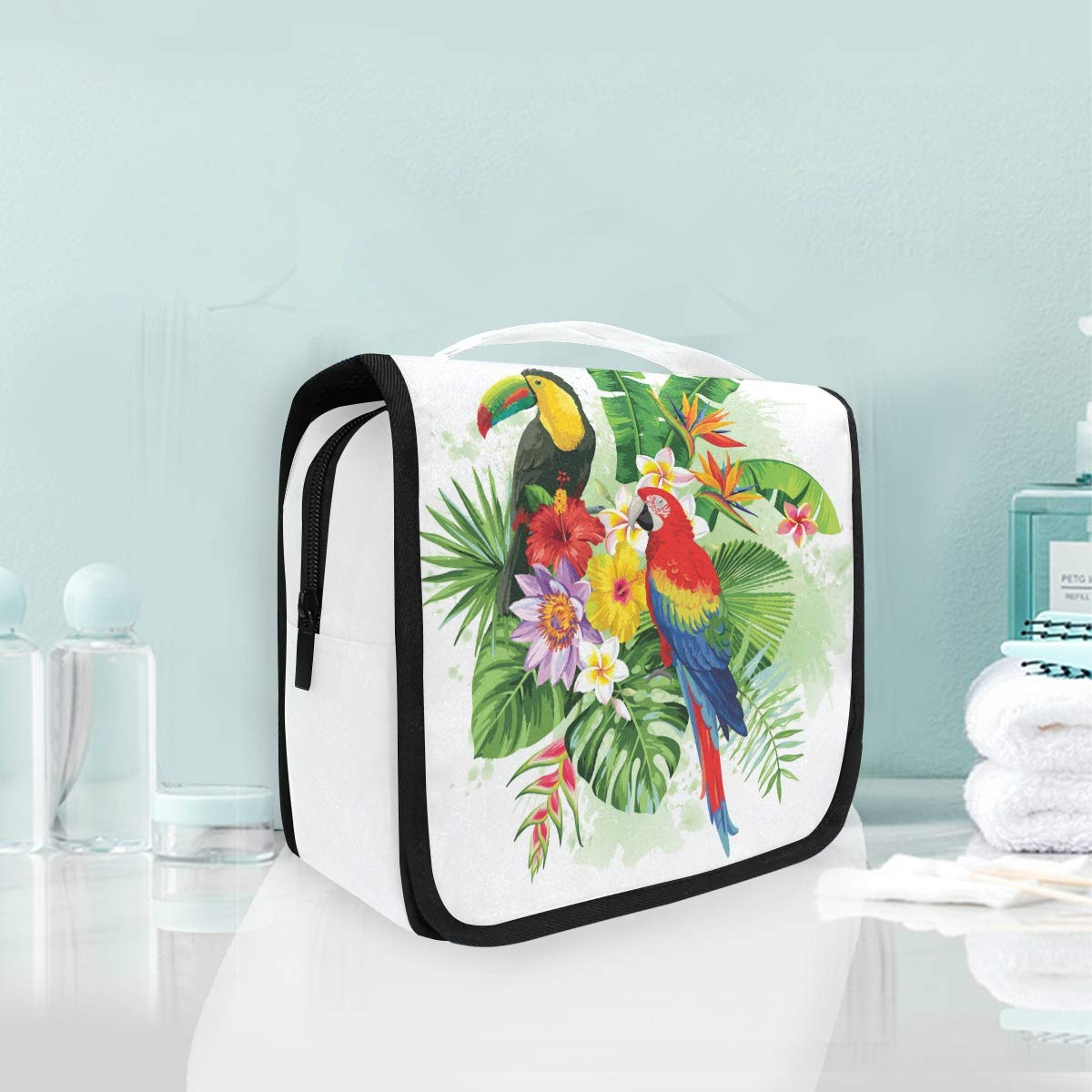 AGONA Hanging Toiletry Bag - Tropical Palm Leaves & Toucan Design Travel Cosmetic Organizer for Women & Men | Portable Waterproof Makeup Pouch with Hook | Perfect for Vacation, Gym & Bathroom Storage