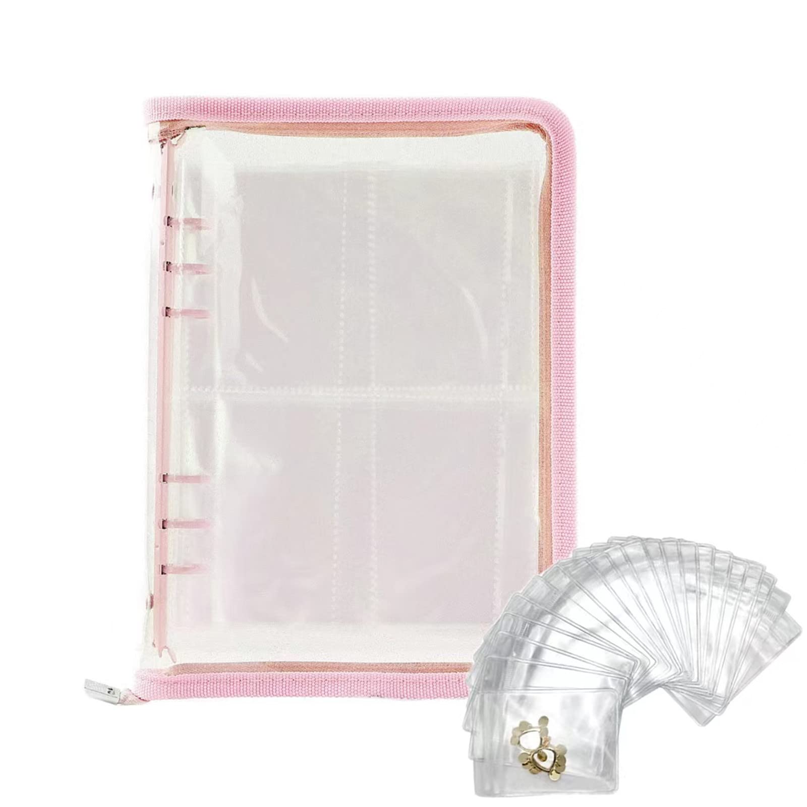PADRIO Transparent Jewelry Organizer Book with Zipper - 40 Inner Pockets Travel Jewelry Case for Necklaces, Earrings, Rings & Bracelets - Pink | Perfect for Travel, Home Storage & Gift Giving