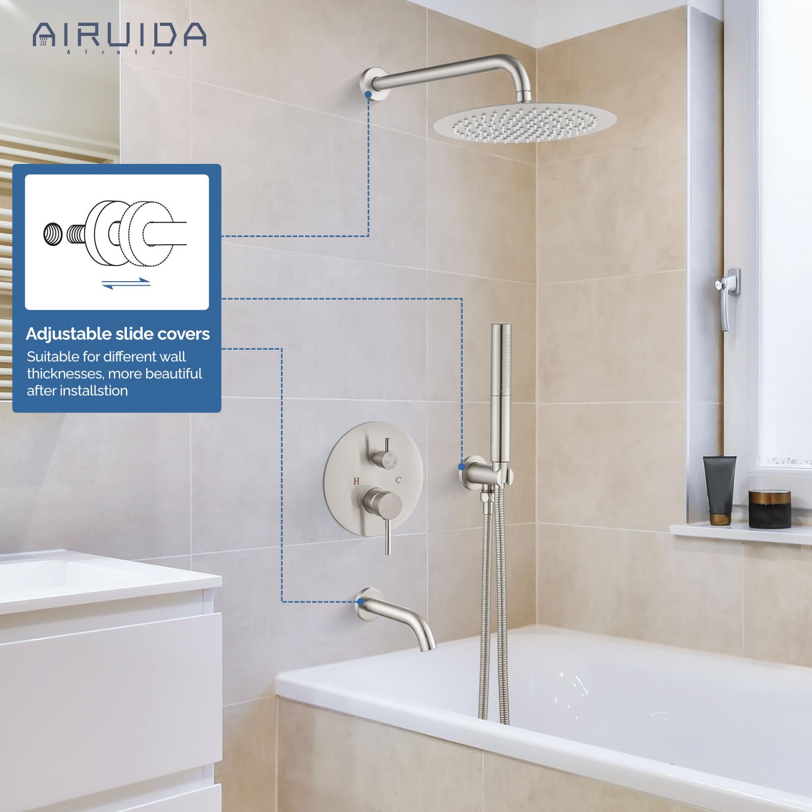 Airuida 12-Inch Round Shower System Set - Brushed Nickel Wall Mount 3-Function Rain Shower Faucet with Tub Spout & 2-Function Handheld Shower - Perfect for Bathroom Renovation and Modern Home Spa Experience