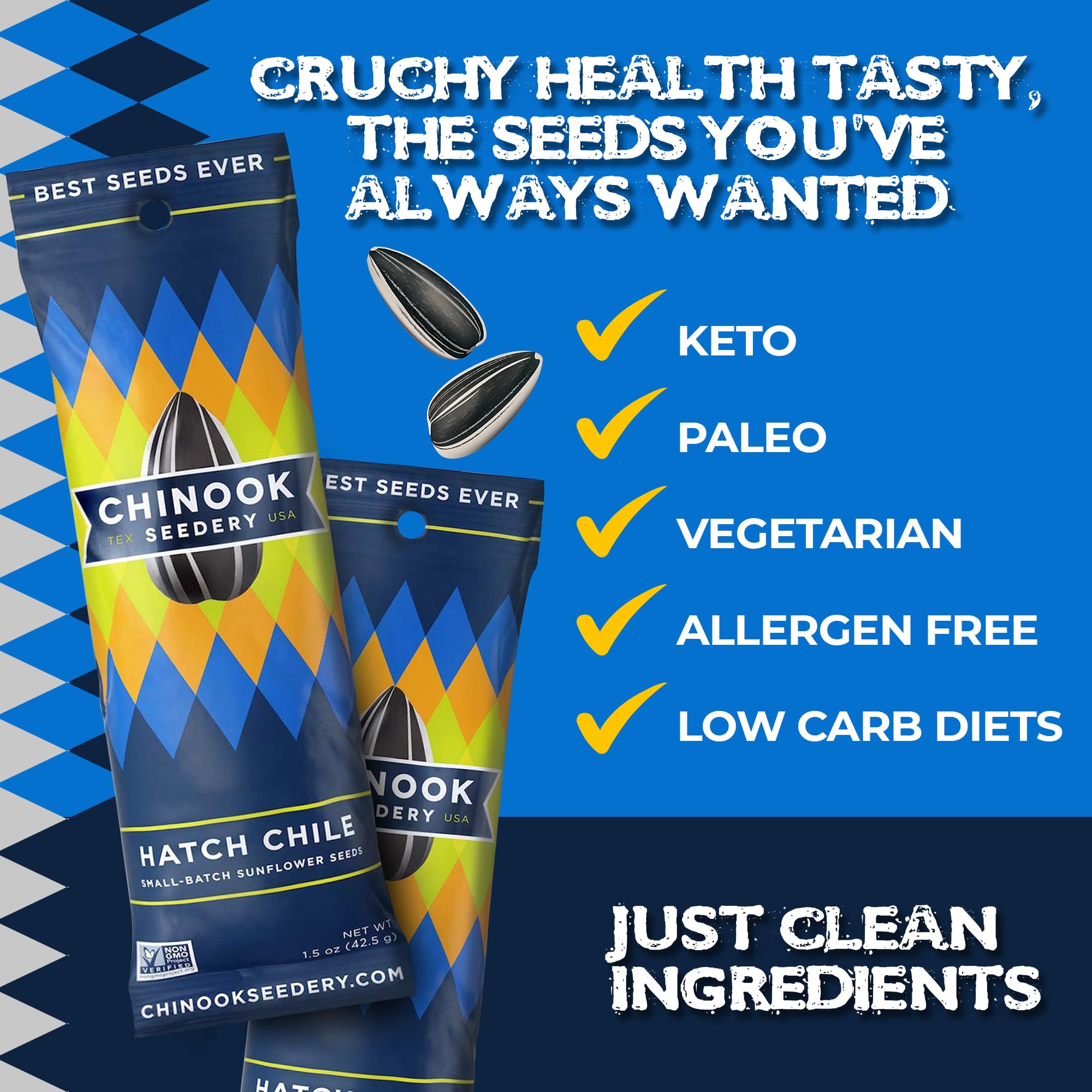 Chinook Seedery Roasted Sunflower Seeds - Jumbo Low Sodium Keto Snacks, Gluten Free & Non GMO - 1.5 oz (Pack of 36) Hatch Green Chile - Perfect for Hiking, Baseball Games, School Lunches & Healthy On-the-Go Snacking