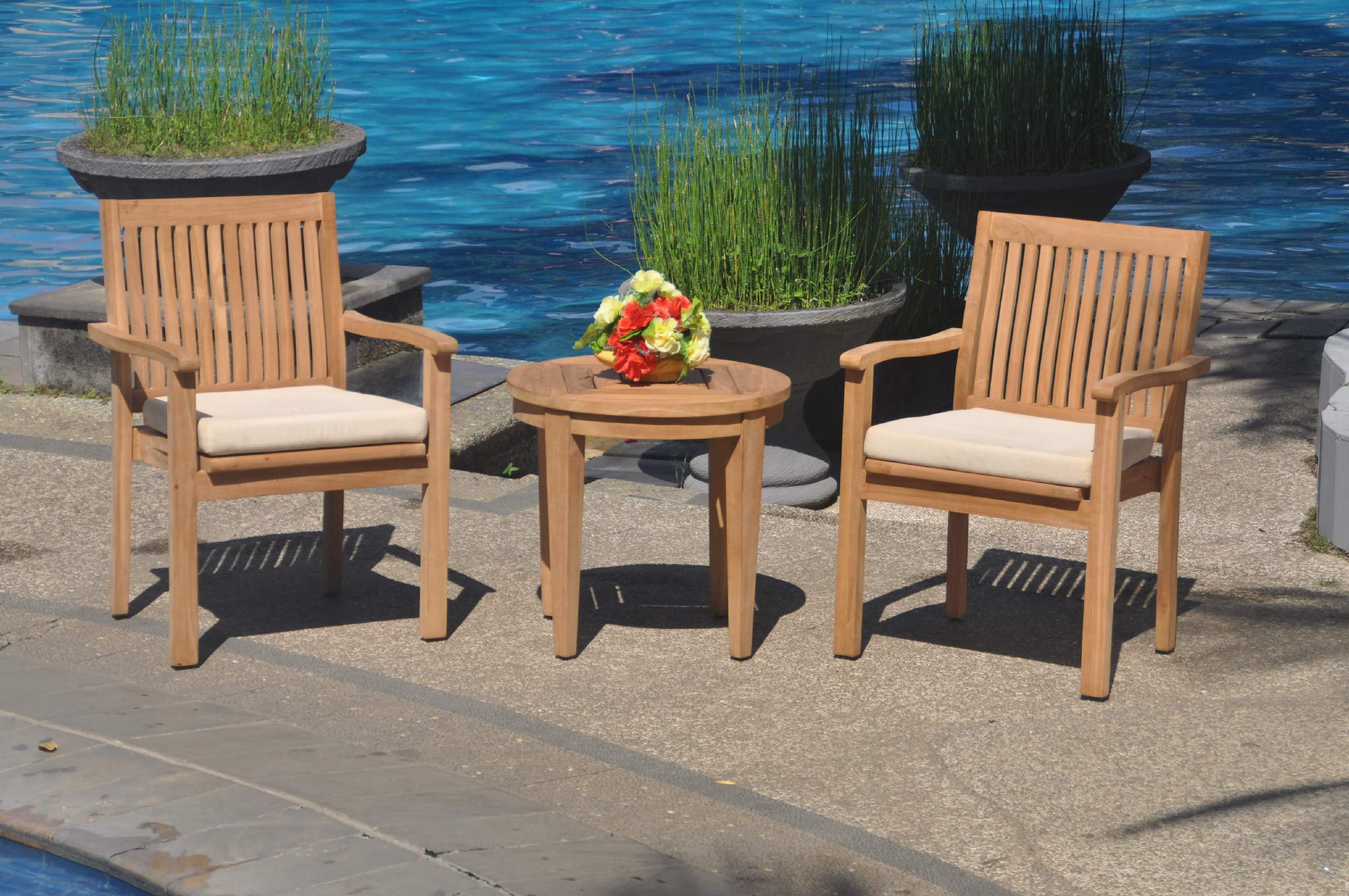 Premium 2-Seater Teak Wood Dining Set with Round Side Table & 2 Stackable Arm Chairs - Solid Grade-A Teak Furniture for Patio, Garden, or Indoor Dining - WHDSLV