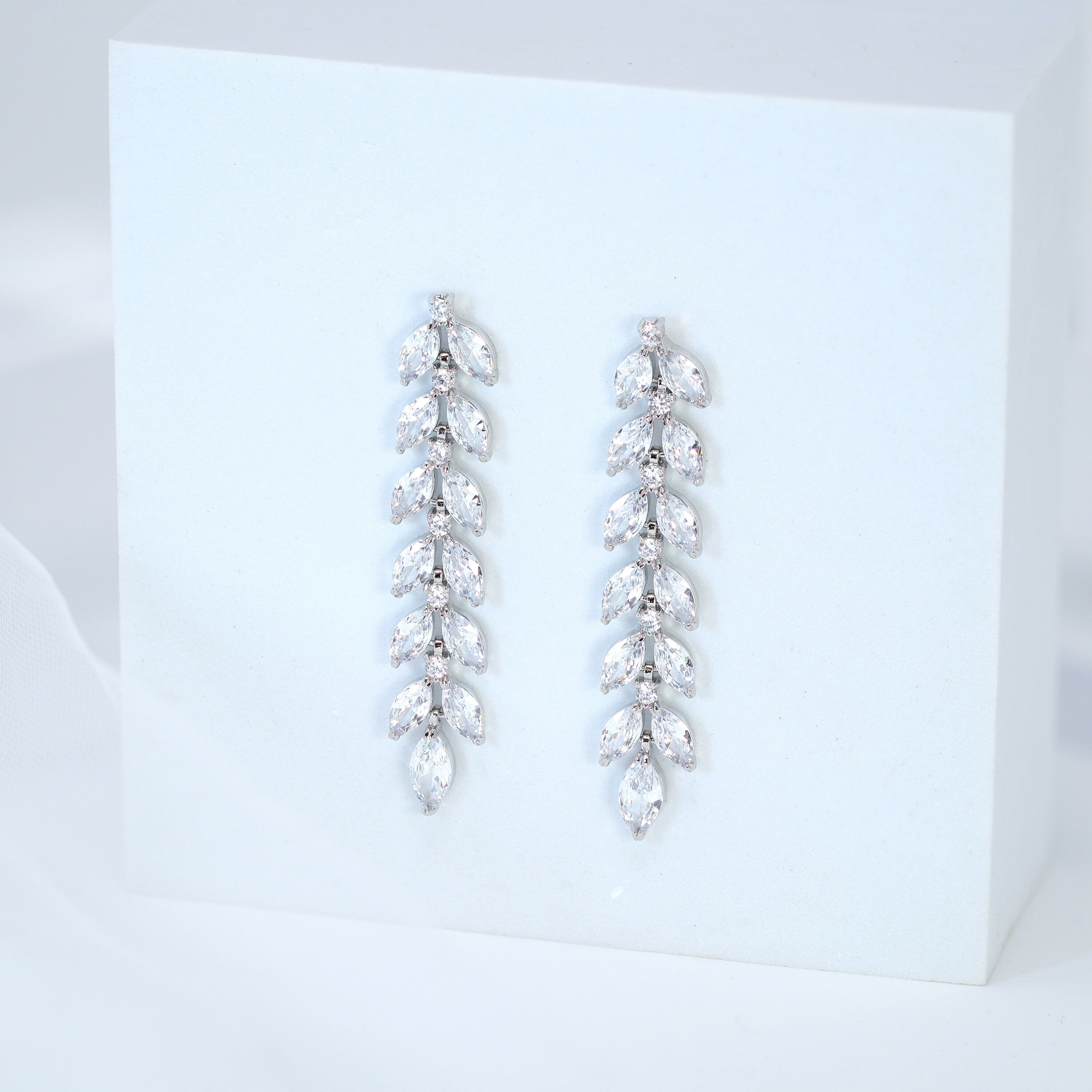 Swarovski Crystal Mystical Leaves Drop Diamond Earrings - Elegant Long Bridal Jewelry for Weddings, Parties & Special Occasions | Crystal Statement Earrings with CZ Stones