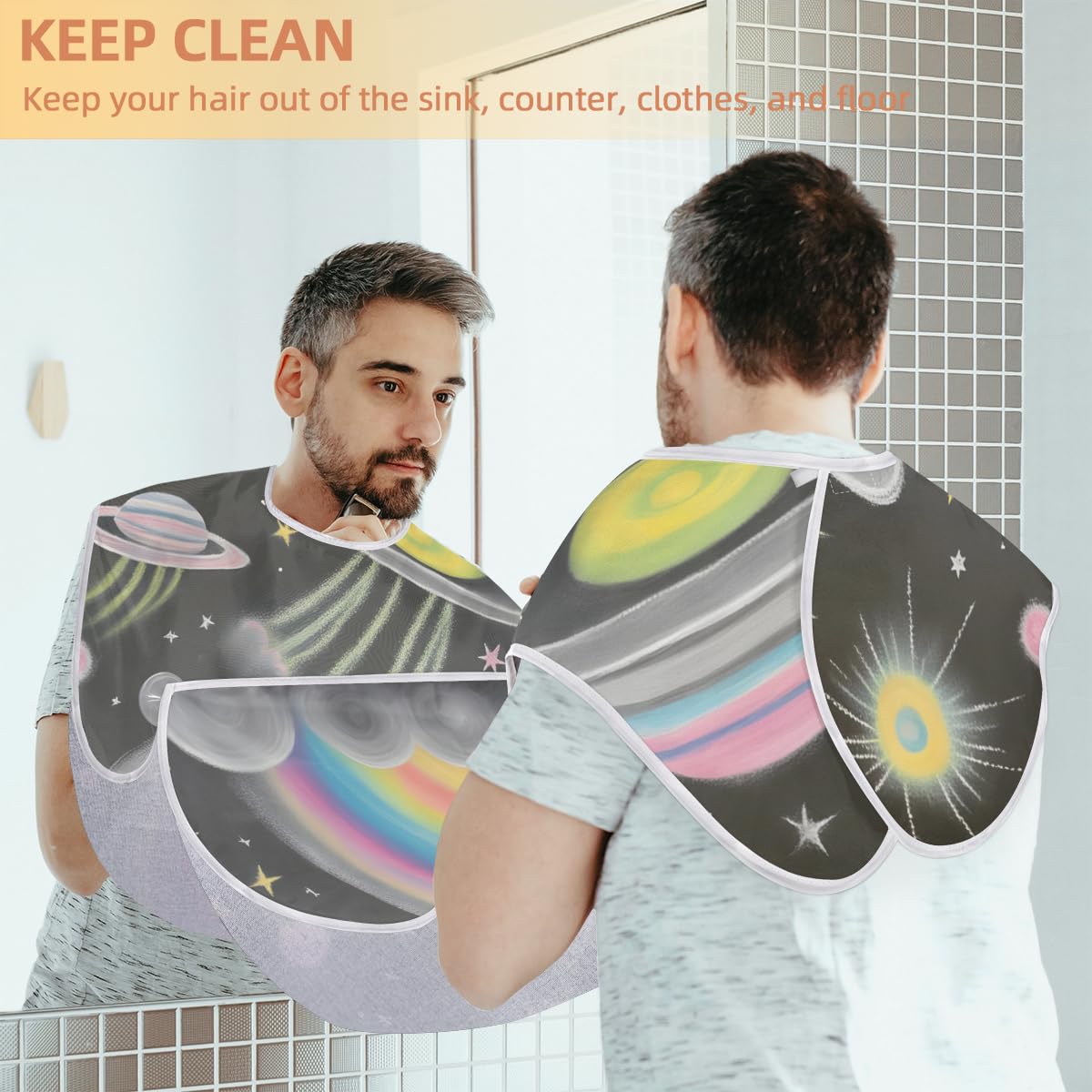 Rainbow Planet Pattern Beard Shaving Bib for Men - Waterproof Hair Dye Apron & Makeup Cape for Women - Salon & Barber Accessories - Perfect for Home Grooming, Hair Cutting, Beard Trimming & Sink Cleaning - Great Gift for Stylists & Barbers