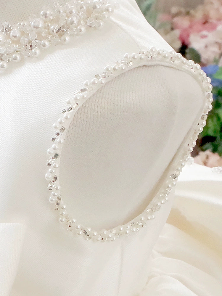 White Princess Round Tea Length Satin Flower Girl Dress for Weddings, Birthday Parties & Special Occasions