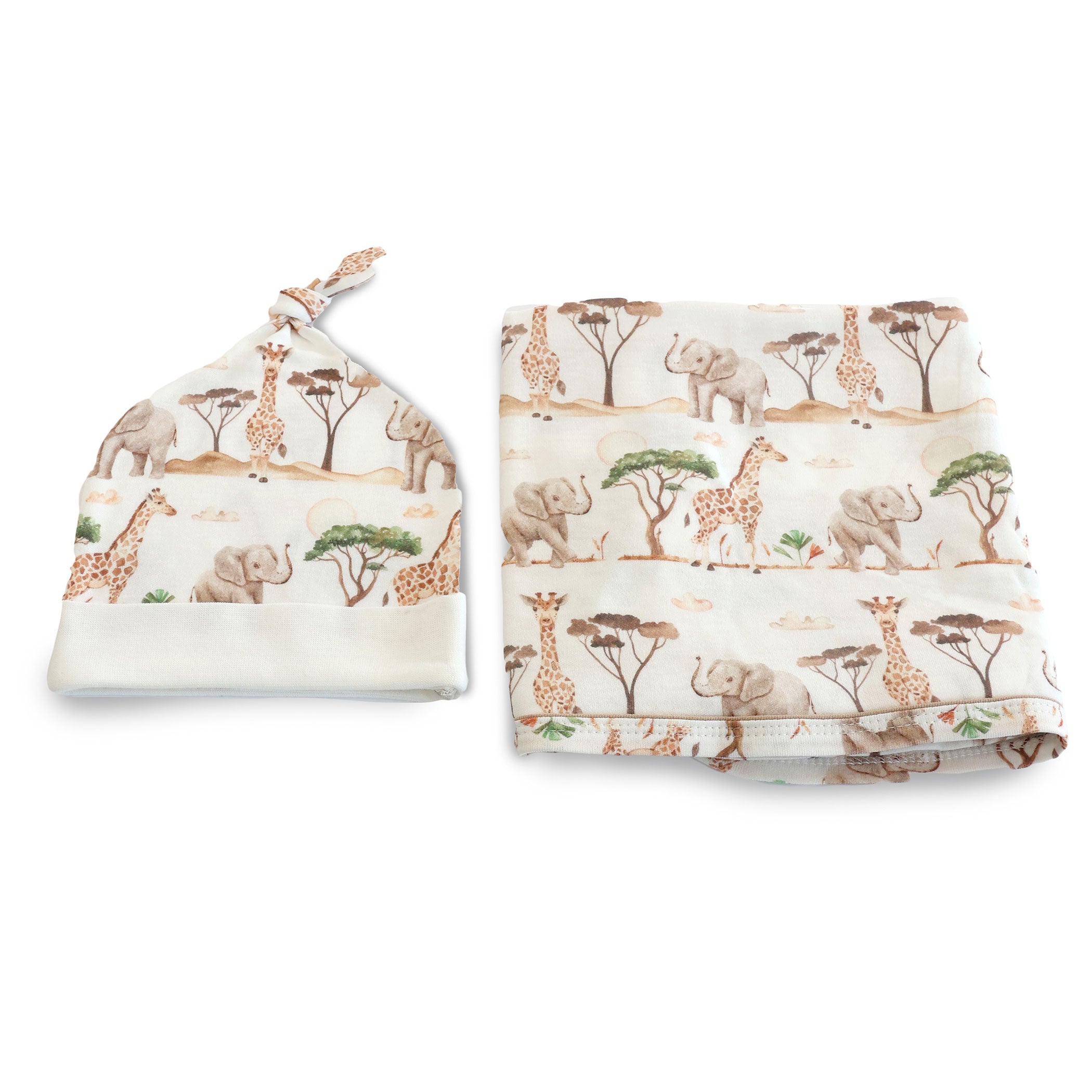 Adventure Bamboo 2-Piece Organic Cotton Jersey Swaddle & Beanie Set for Newborns - Soft Baby Wrap Blanket and Hat Gift Set for Hospital, Photo Shoots & Nursery