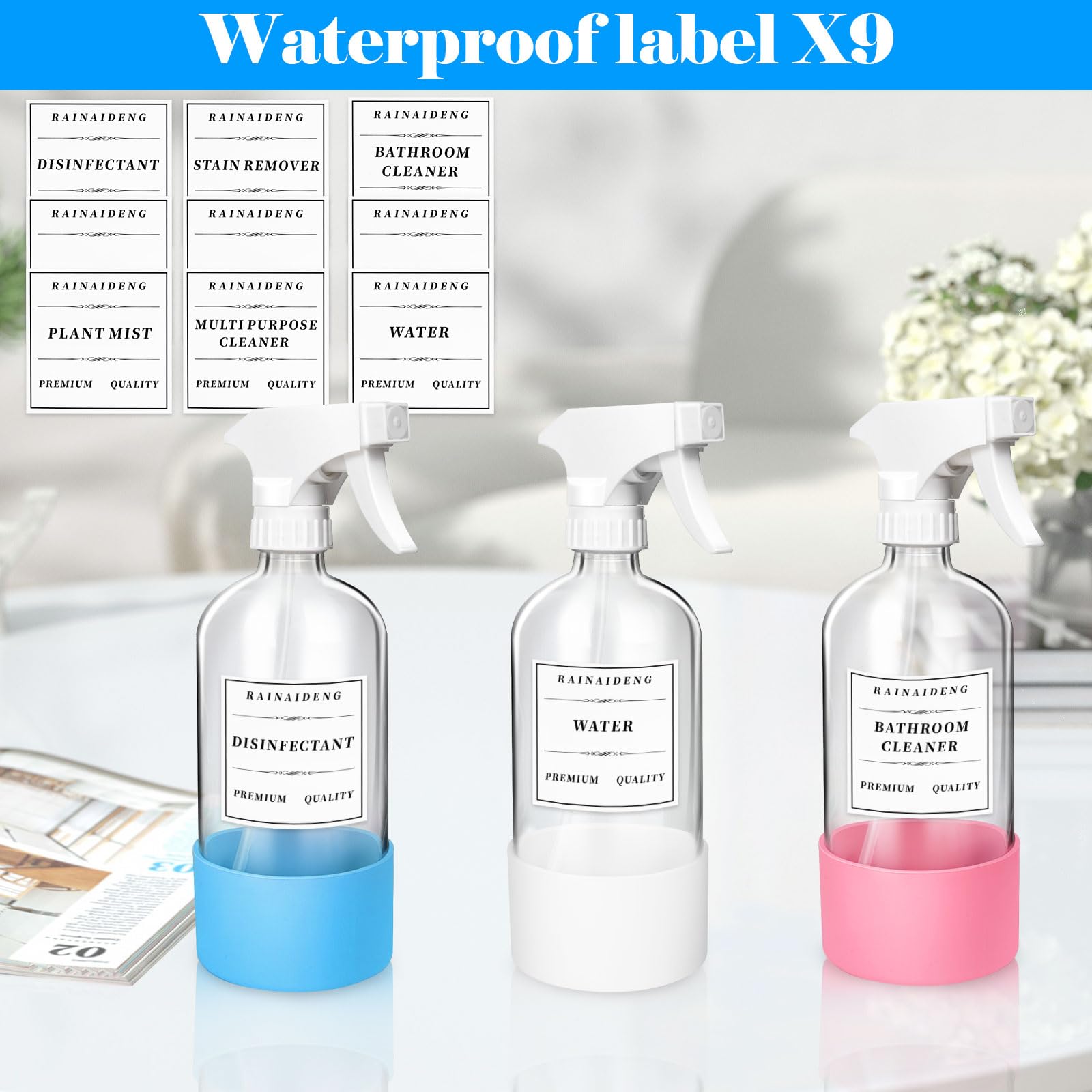 3 Pack 16 oz Glass Spray Bottles with Silicone Sleeve - Refillable Reusable Bottles with Adjustable Nozzle for Hair Care, Cleaning Solutions, Essential Oils & DIY Beauty Products - Perfect for Home, Salon & Travel Use