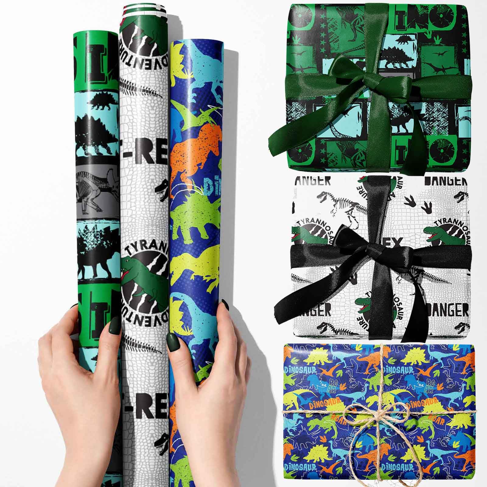 Dinosaur Wrapping Paper Rolls - 3 Rolls 17x120 Inch Birthday Gift Wrap for Kids, Boys & Girls | Dinosaur Theme Party Supplies | Perfect for Birthday Presents, Christmas Gifts & Special Occasions