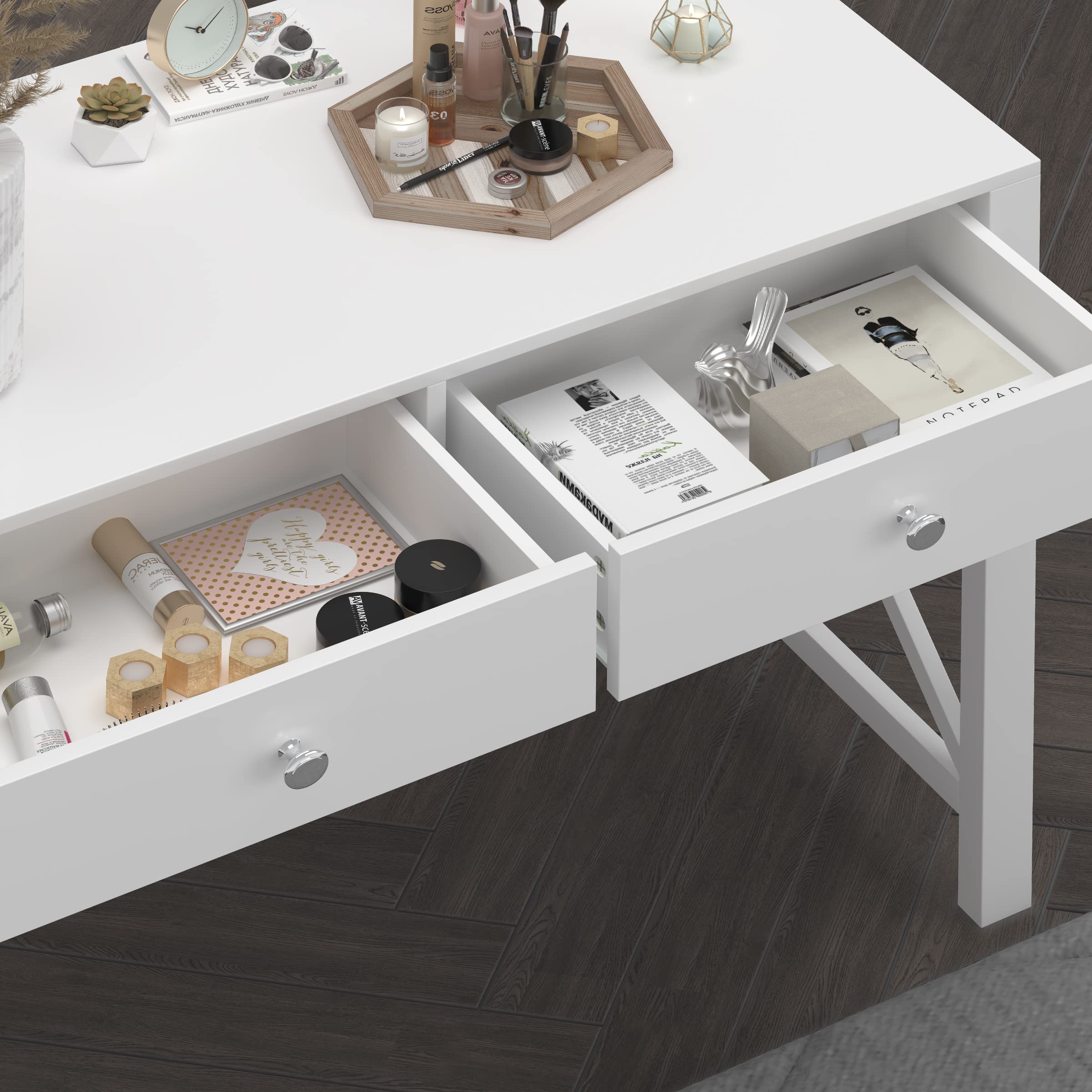 EdMaxwell WiberWi Home Office Desk with Drawers - White Modern Writing Computer Desk, Small Makeup Vanity Table for Bedroom & Study Desk for Home Office - Perfect for Remote Work, Online Classes & Makeup Application