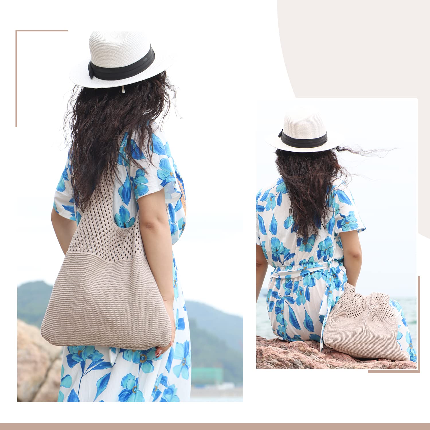 Crochet Mesh Tote Bag for Women - Retro Summer Hobo Shoulder Bag with Flower Knit Design, Casual Beach Purse for Shopping, Travel & Outdoor Activities