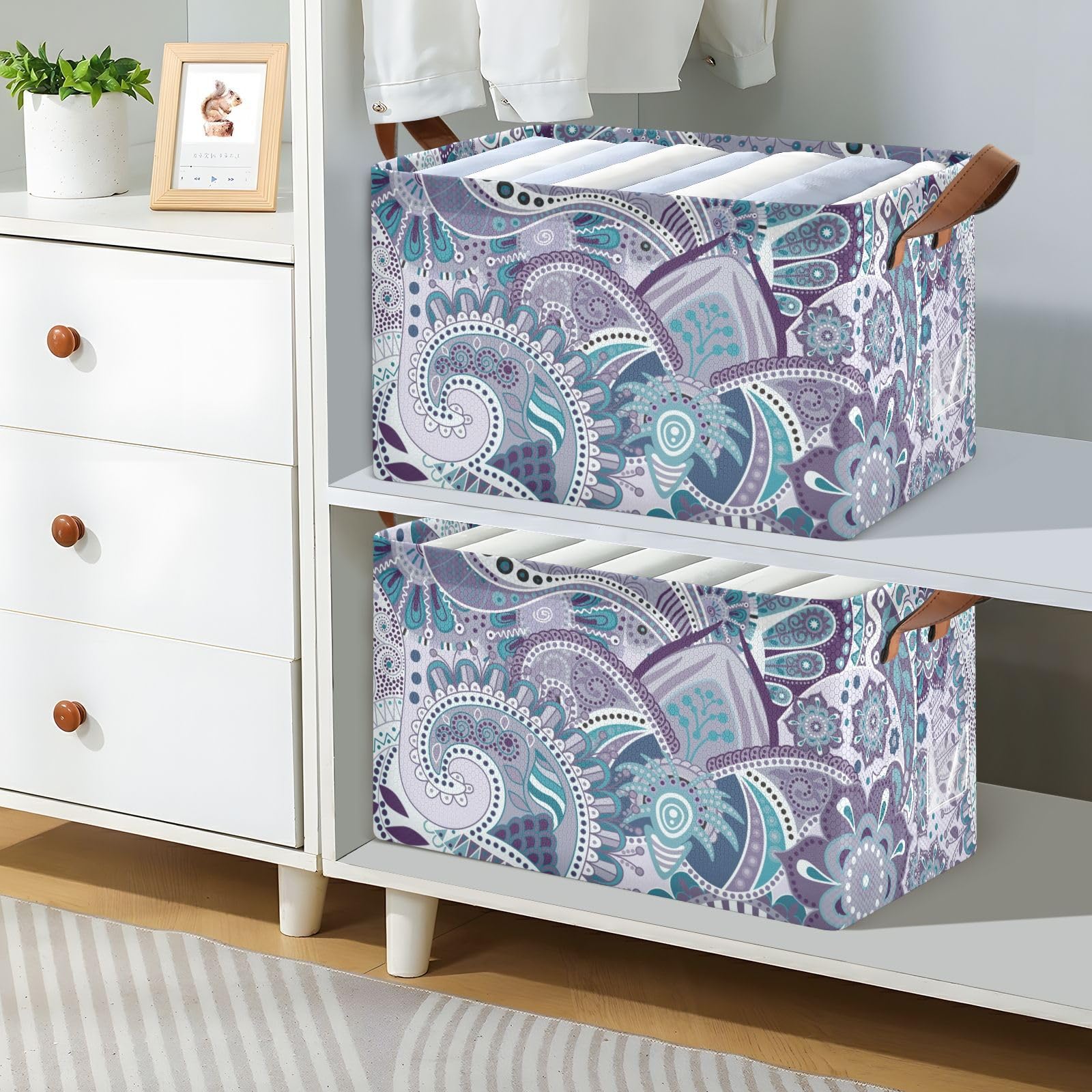 **Paisley Floral Ethnic Light Purple Fabric Storage Baskets with Handles - 2 Pack Organizer Bins for Pantry, Shelves, Drawers, Closet, Office & Classroom - Perfect for Home, Office & Dorm Organization**