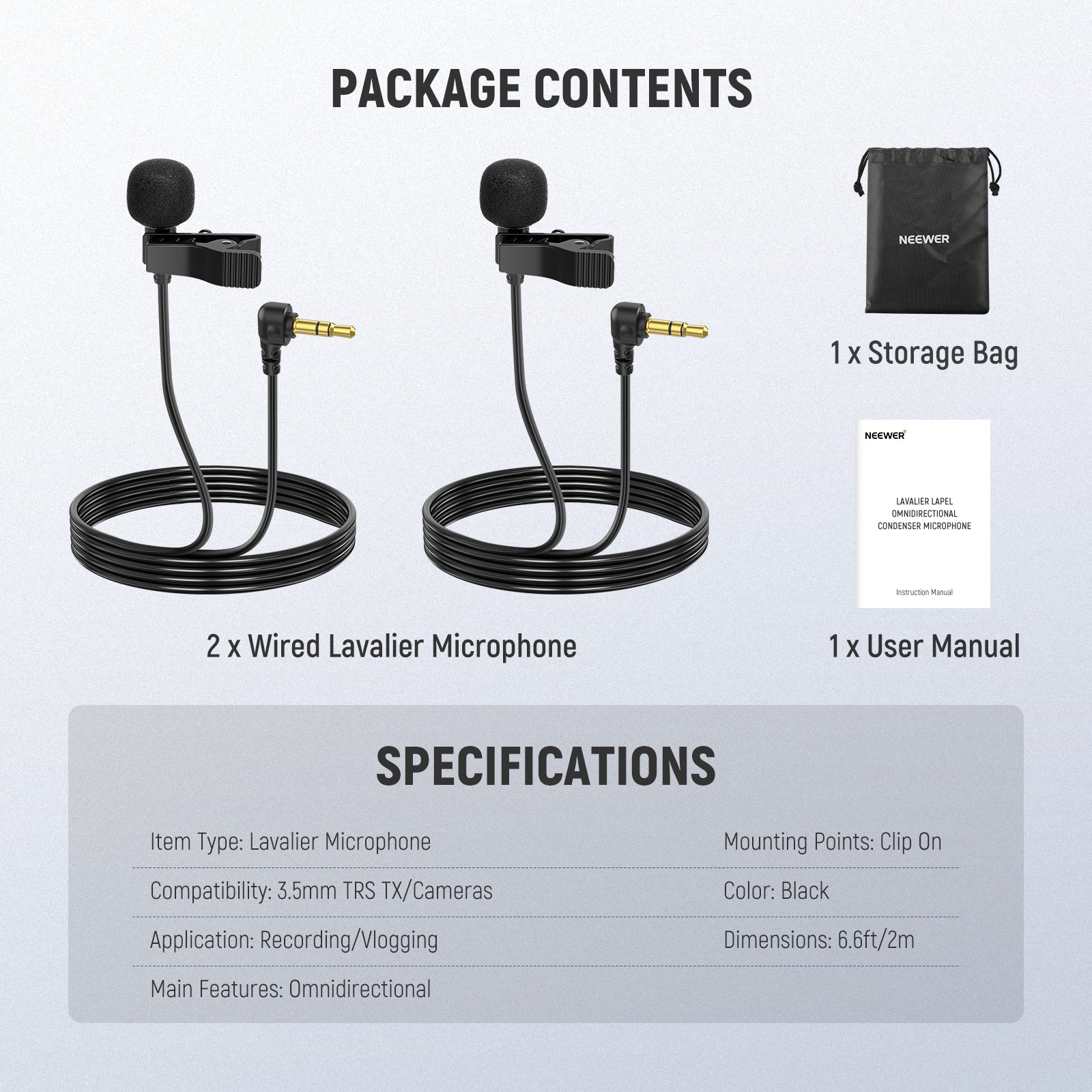 NEEWER LM5 2-Pack 6.6ft/2m 3.5mm TRS Mini Clip-On Wired Lavalier Microphone for Podcasting, Interviews, YouTube Videos & Live Streaming - Professional Omni-Directional Mic for Smartphones, Cameras & Recorders