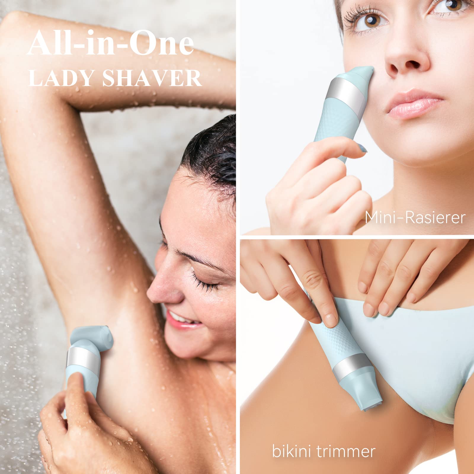 Unibono All-in-One Electric Lady Shaver Kit with LED Light for Bikini & Intimate Areas - Wet & Dry Women's Razor in Light Blue - Perfect for Travel, Gym & Sensitive Skin Care
