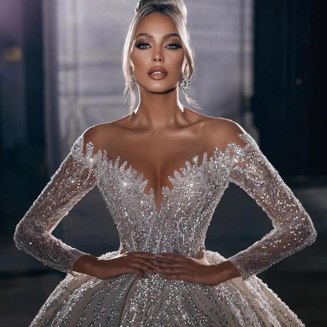 Luxury Strapless Princess Wedding Gown with Beaded Illusion Sleeves & Deep V Neckline - Elegant Bridal Dress for Church Ceremony, Beach Wedding, and Formal Reception