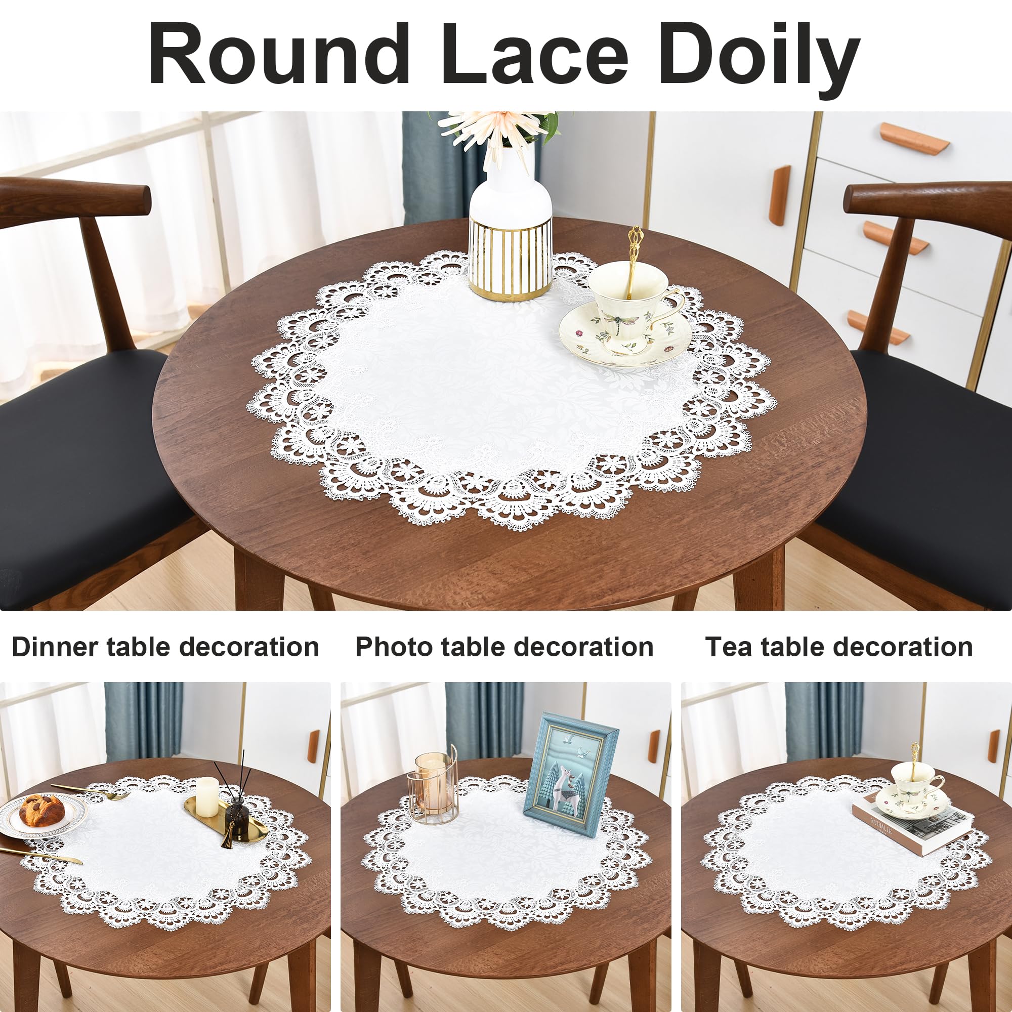 Elegant White Lace Jacquard Round Doily Tablecloth - 24 Inch Decorative Table Topper for Dining Room, Coffee Table, Dresser & Centerpiece - Perfect for Weddings, Tea Parties & Home Decor