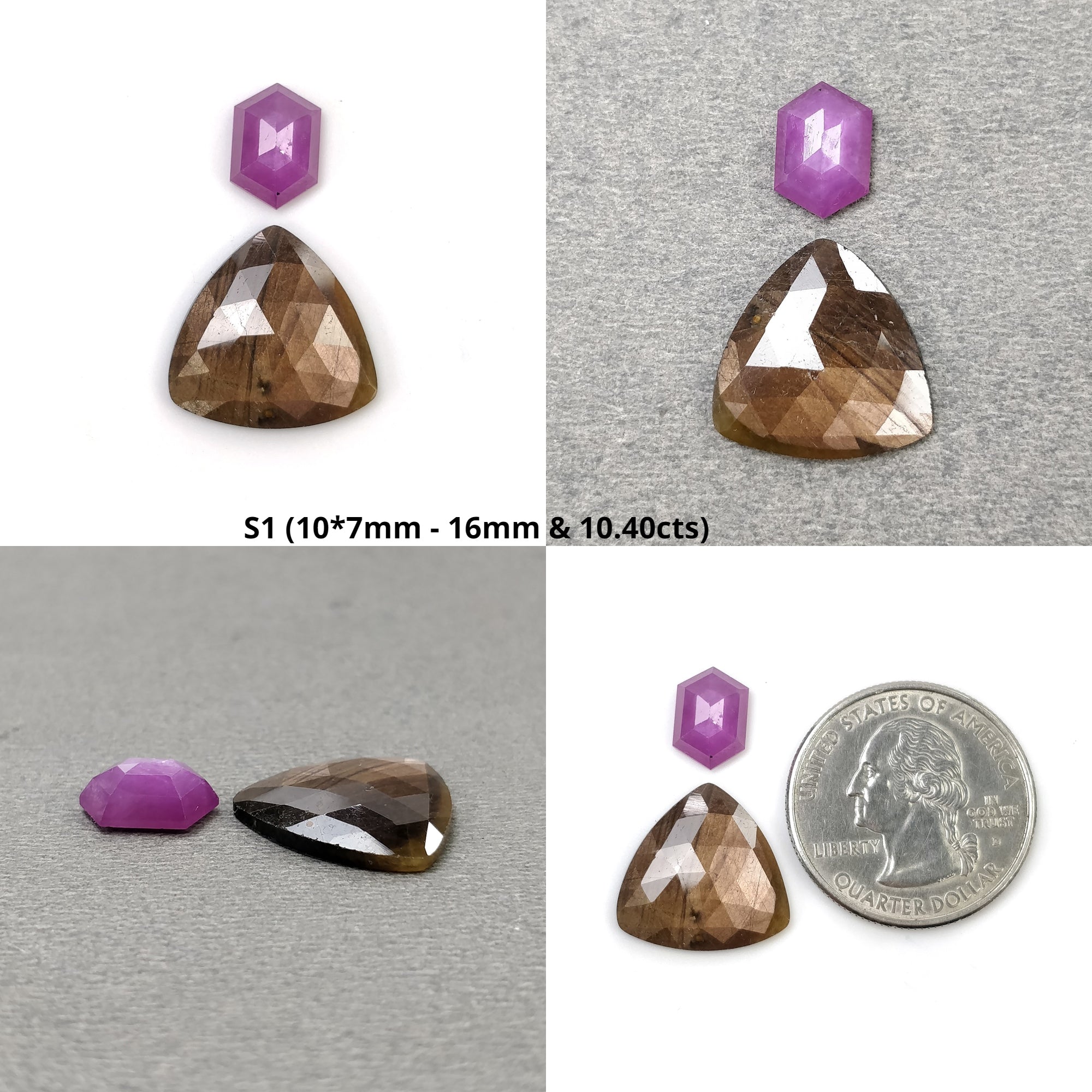 Natural Untreated Golden Brown Chocolate & Pink Sapphire Gemstone - Hexagon & Triangle Rose & Step Cut (2pcs) - Perfect for Jewelry Making, Engagement Rings & Unique Gifts