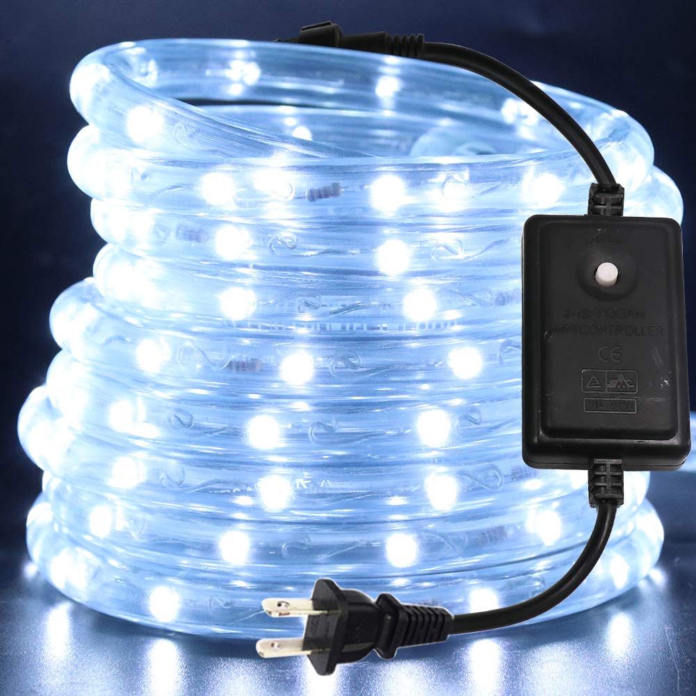 XUNATA 63ft LED Rope Lights - 6500K Daylight White Waterproof LED Strip Lights with 8 Modes (Flickering/Fading), Connectable for Indoor & Outdoor Use - Perfect for Home Decoration, Parties, Christmas, Garden, and Patio Lighting