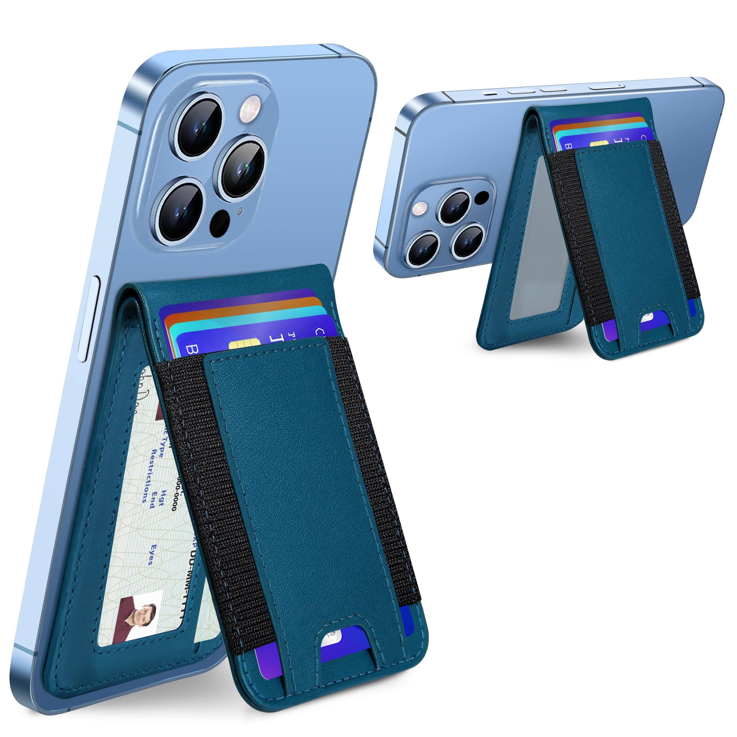 Miroddi Magnetic Phone Wallet with Adjustable Stand - MagSafe Compatible Card Holder for iPhone 16/15/14/13/12 Series (9 Card Capacity, Open ID Window, Vegan Leather, Blue) - Perfect for Travel, Work & Everyday Use
