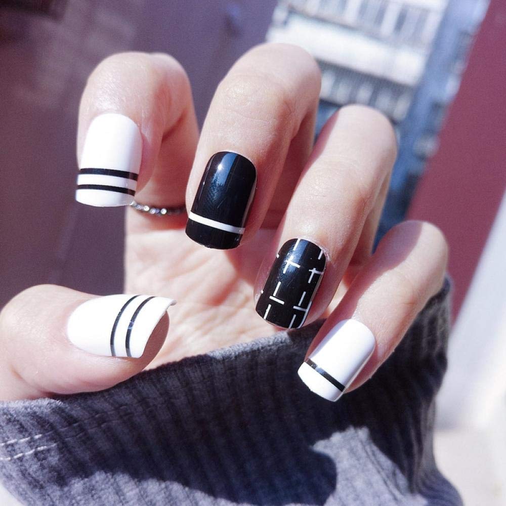 HUJL Short Black & White False Nails with Stripes & Dotted Design - Press On Nail Tips for Easy Nail Art | Perfect for Parties, Weddings & Everyday Wear
