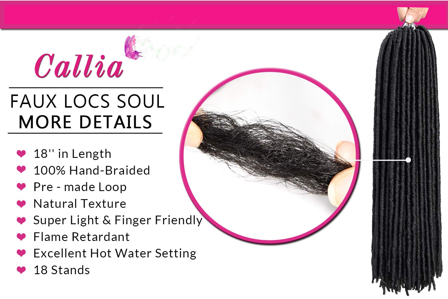 Callia 18 Inch Crochet Dreadlocks Hair - 6 Packs Synthetic Faux Locs Braiding Hair for Black Women (1B Natural Black) | Easy DIY Protective Style for Everyday Wear & Special Occasions