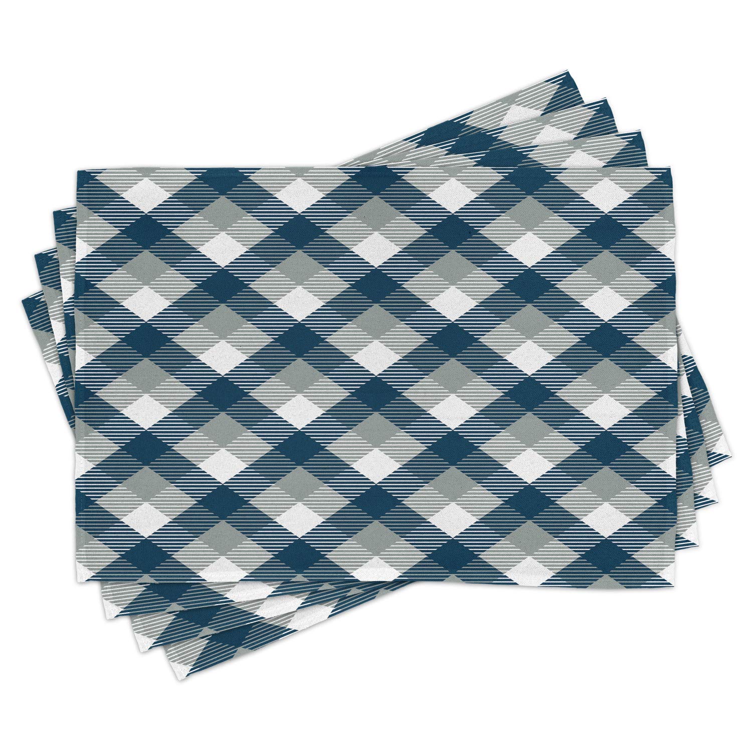 Ambesonne Navy Blue Place Mats Set of 4 - Abstract Checkered Tartan Geometric Pattern Washable Fabric Table Mats for Dining Room & Kitchen Decor - Perfect for Holiday Dinners, Parties & Everyday Use (Dark Blue, White, Grey)