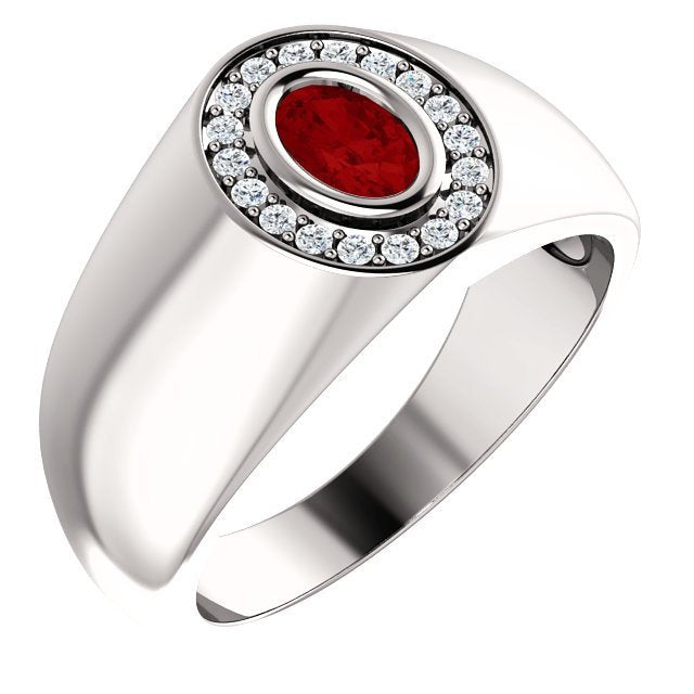 14K Gold Men's Ruby and Diamond Oval Halo Ring - 0.60ct Ruby & 0.18ctw Diamond Engagement Wedding Band for Him - Perfect for Proposals, Anniversaries and Special Occasions