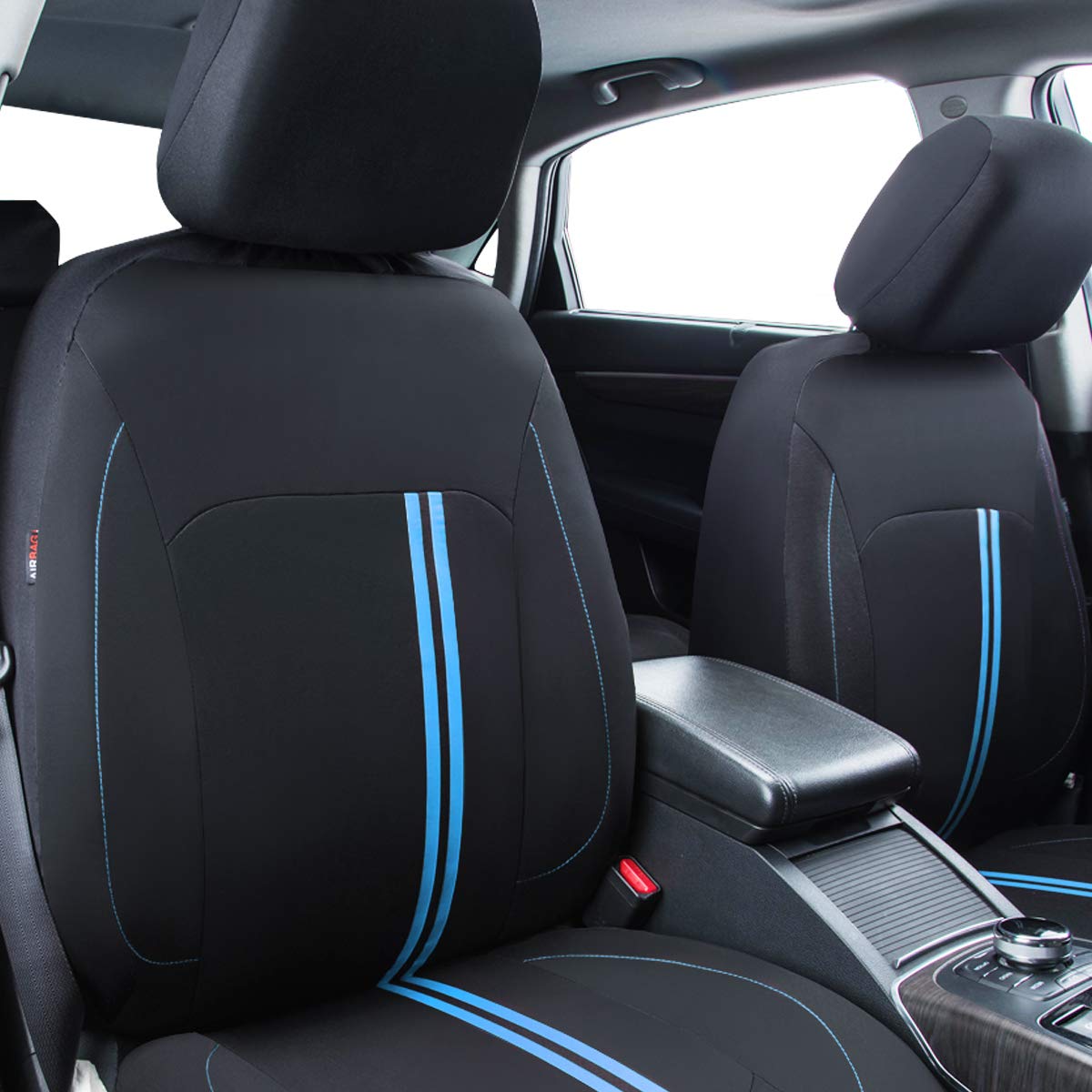 CAR PASS Sporty Universal Car Seat Cover Full Set - Airbag Compatible, Fits SUVs, Vans & Sedans (Black with Blue) - Perfect for Road Trips, Commuting & Car Protection