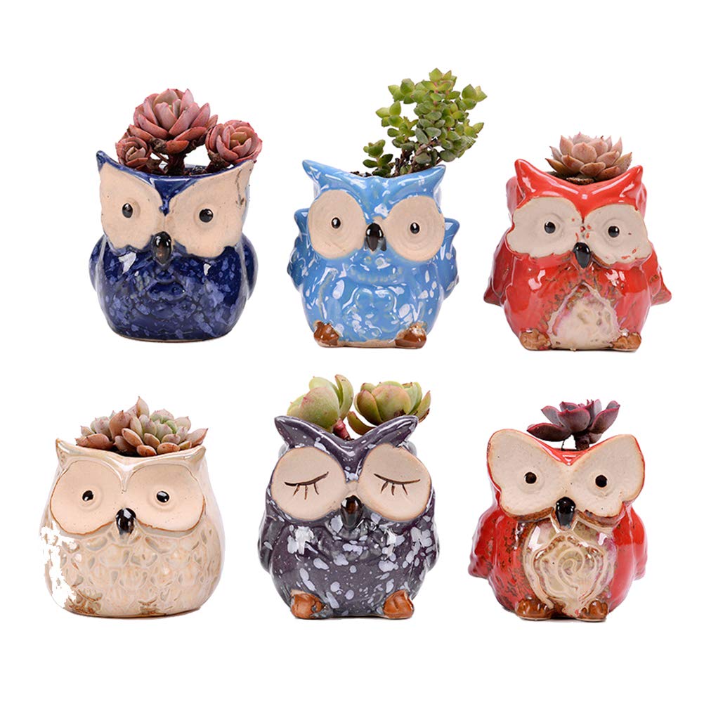 6PCS Creative Cartoon Owl Ceramic Flower Pots - Artistic Home Decor for Succulents, Plants, and Flowers | Perfect for Indoor, Outdoor, and Office Decoration