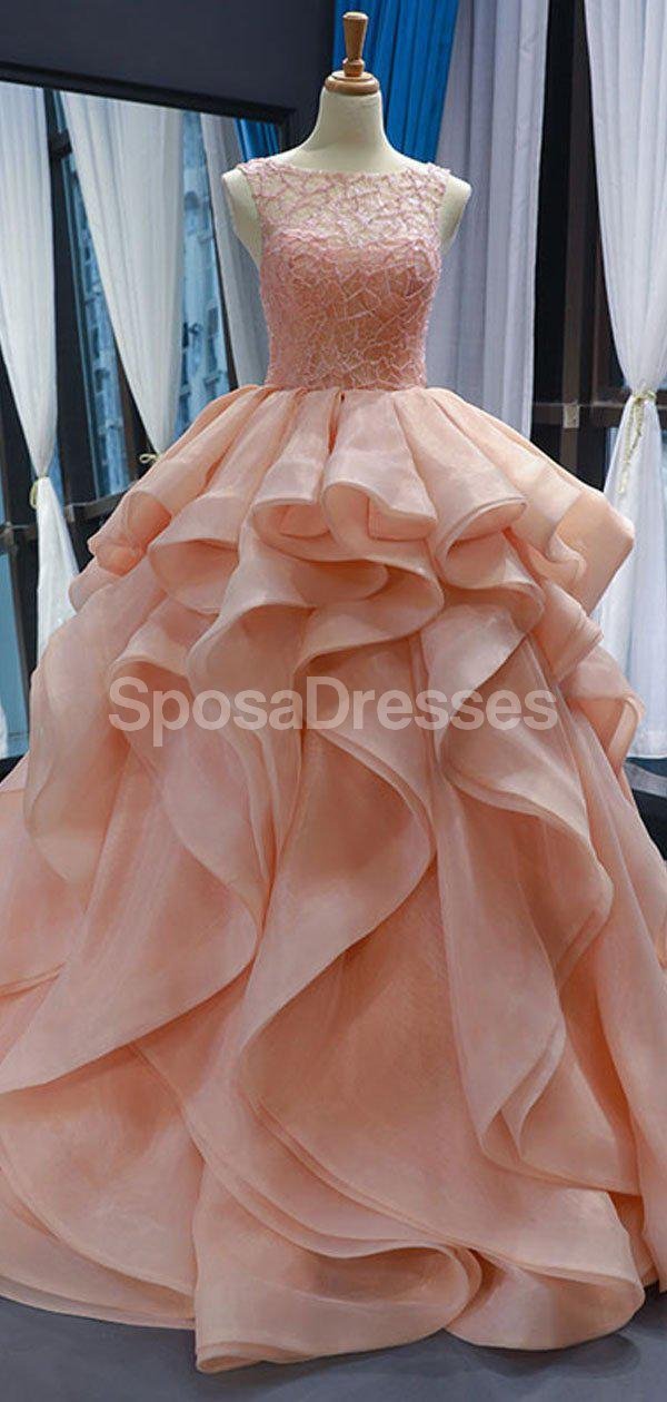 Elegant Peach Lace Beaded Ruffle Ball Gown - Formal Evening Prom Dress for Women | Perfect for Homecoming, Quinceañera & Special Occasions