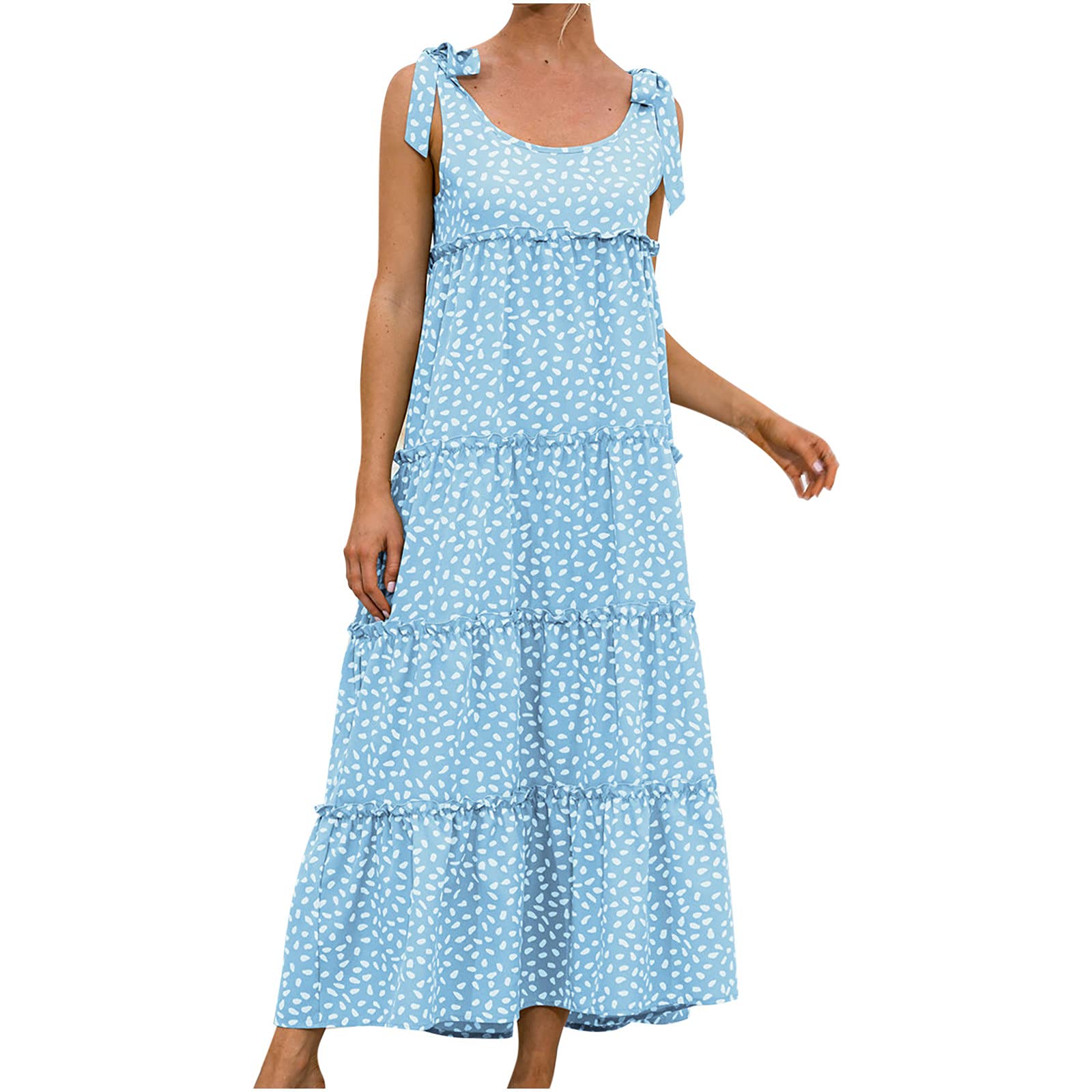 LADIGASU Women's Bohemian Floral Print Summer Maxi Dress - Sleeveless O-Neck Tiered Long Dress with Tie Strap, Casual Loose Fit for Beach Vacation, Music Festival & Summer Outings