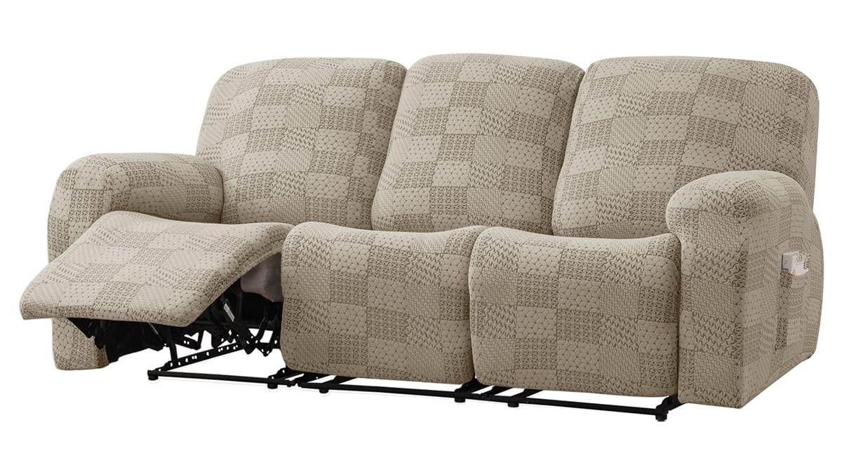 YXWJ Recliner Sofa Cover - Stretch Slipcover for 3-Seat Couch with Elastic Bottom, Soft Spandex Jacquard Fabric in Sand Color - Furniture Protector for Kids & Pets - Perfect for Living Room, Family Room & Home Theater